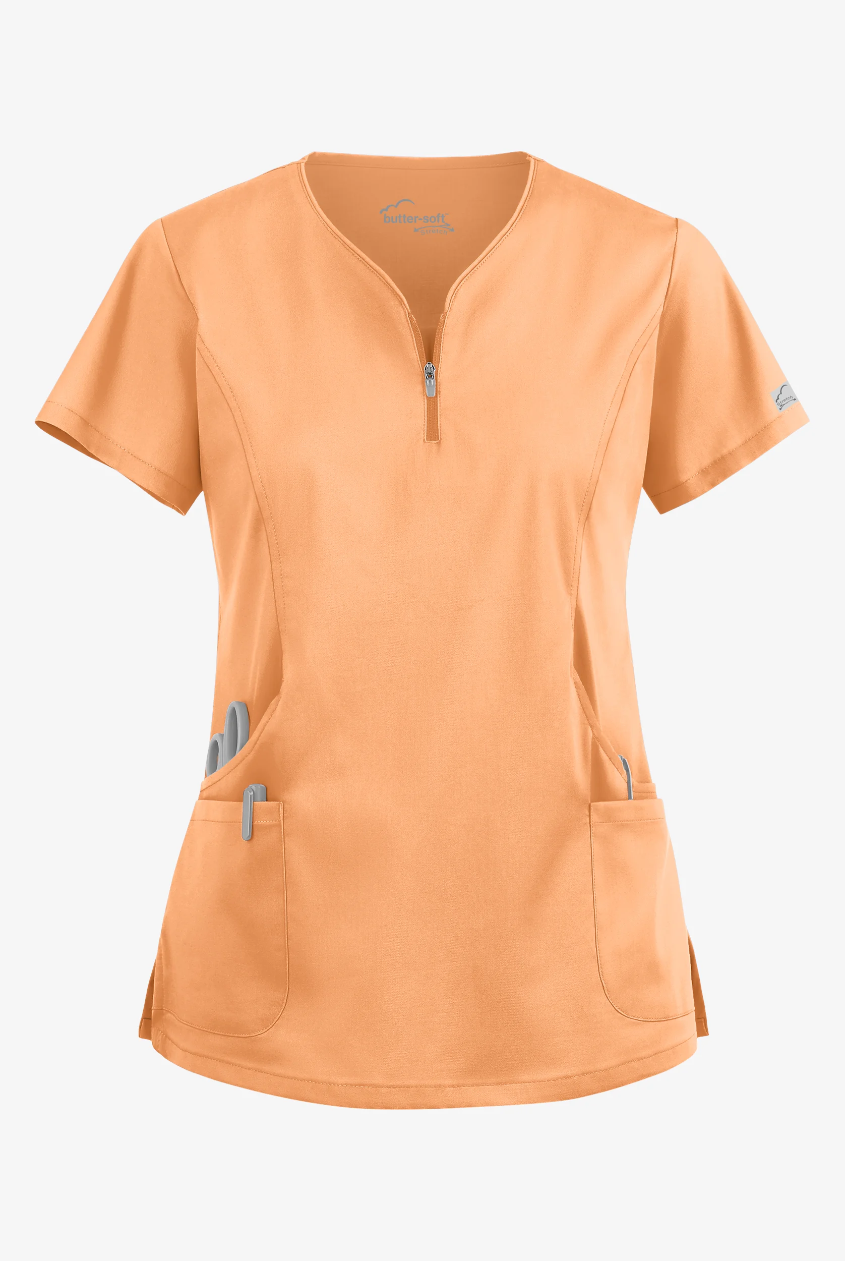 Butter-Soft STRETCH Women's 4-Pocket Curved Neck Zipper Scrub Top