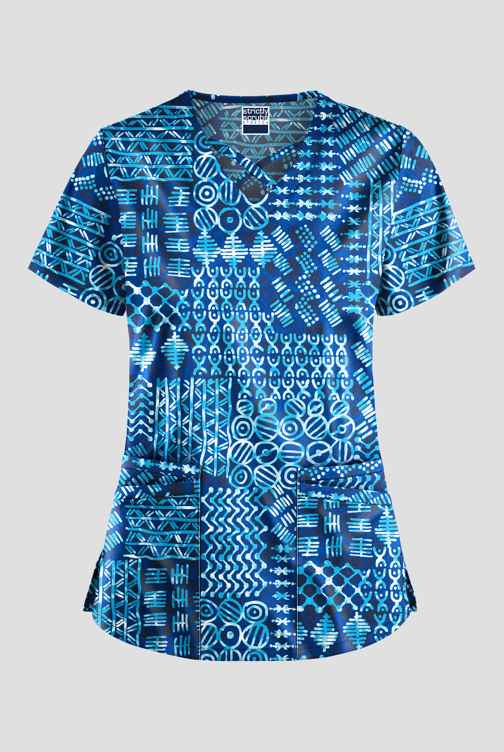 Blusa médica estampada Strictly Scrubs STRETCH Dondo Patchwork Navy con cuello entrecruzado y 4 bolsillos para mujer
