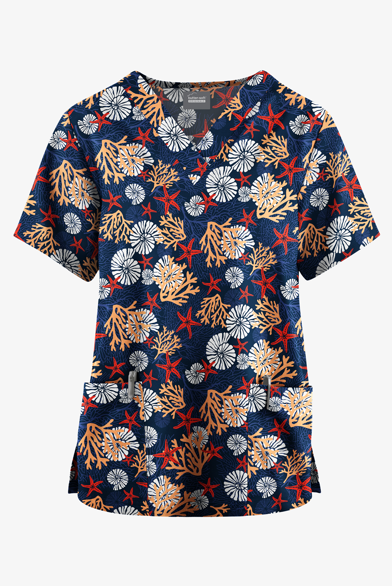 Blusa m&eacute;dica estampada Butter-Soft Originals Coral Garden Navy con cuello en V y 2 bolsillos para mujer