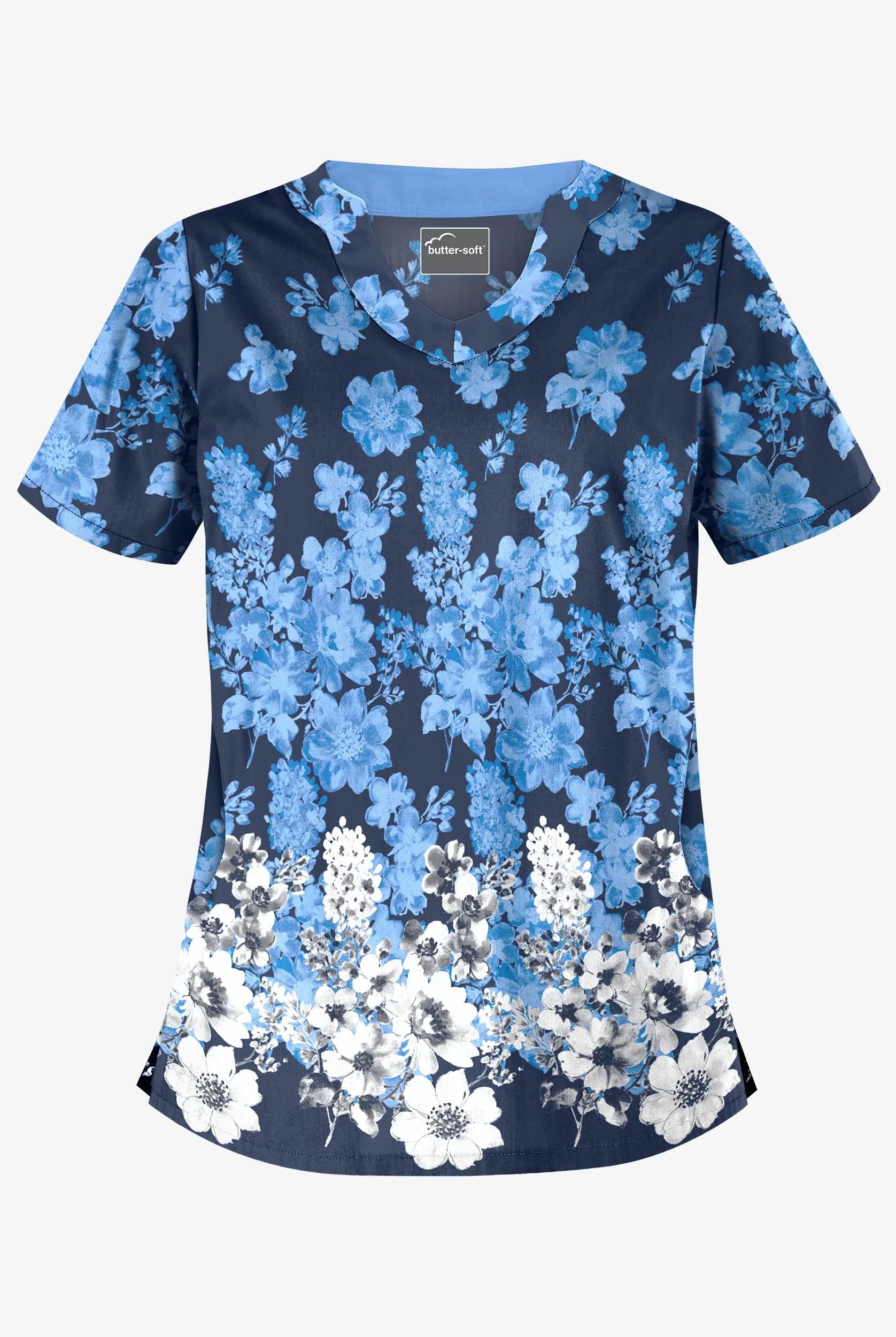 Butter-Soft Venice Border Navy Women's 2-Pocket Scallop Neck Print Scrub Top