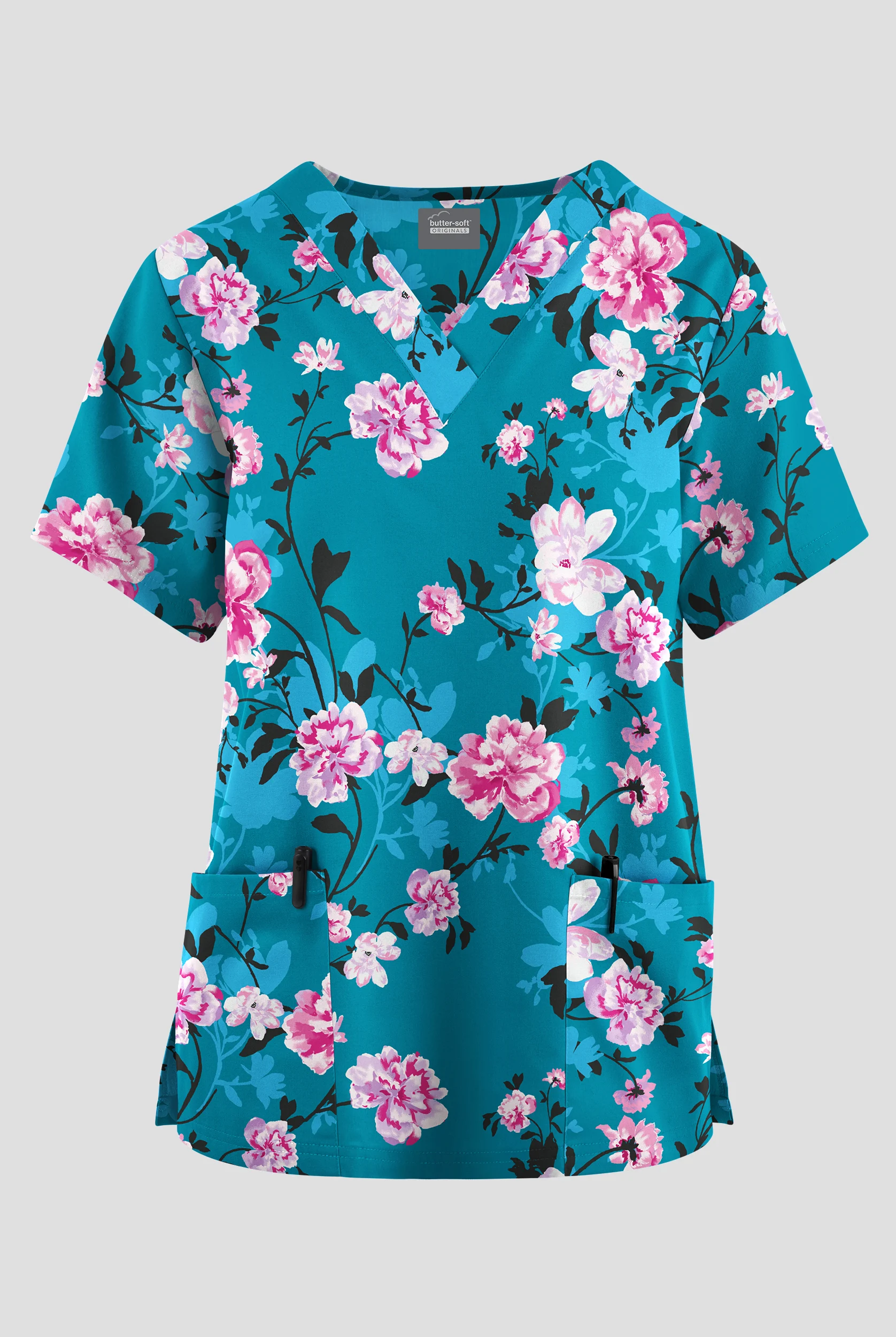 Butter-Soft Originals Rose Dream Vine Turquoise Women's 2-Pocket V-Neck Print Scrub Top