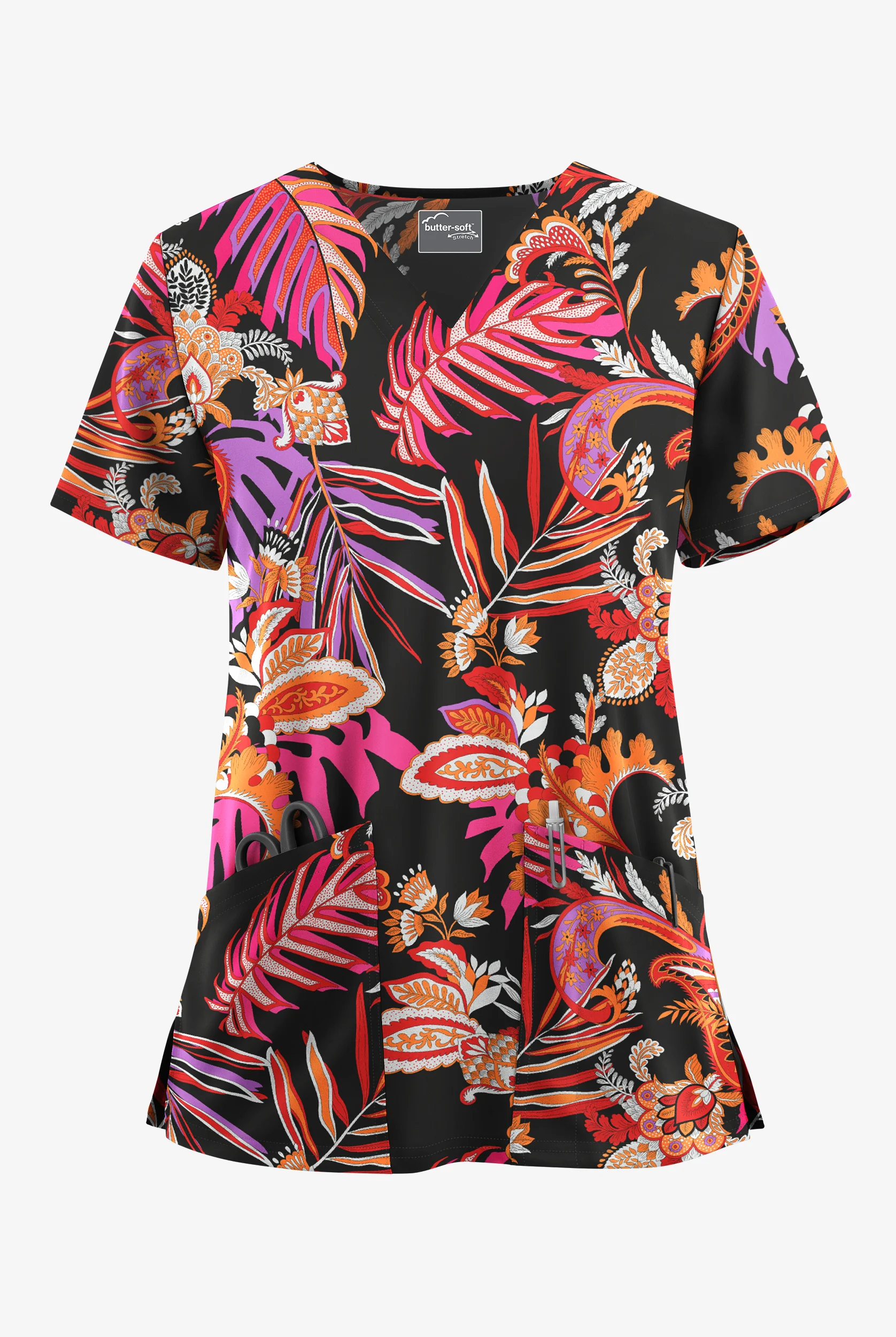 Blusa médica Butter-Soft STRETCH Tropical Paisley con cuello en V y 2 bolsillos para mujer