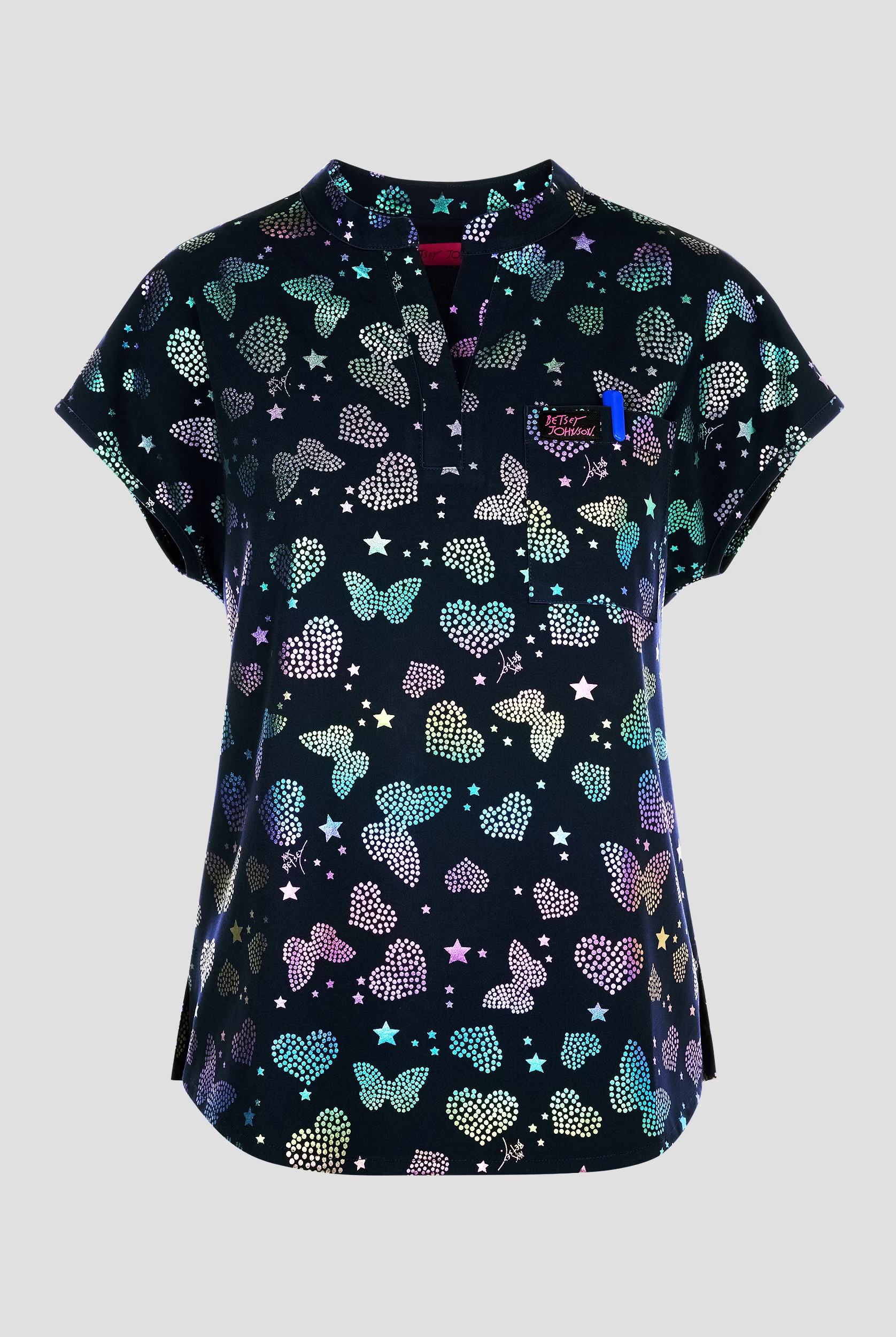 Betsey Johnson Butterfly Aura Navy Women's 1-Pocket STRETCH Round Neck Print Scrub Top
