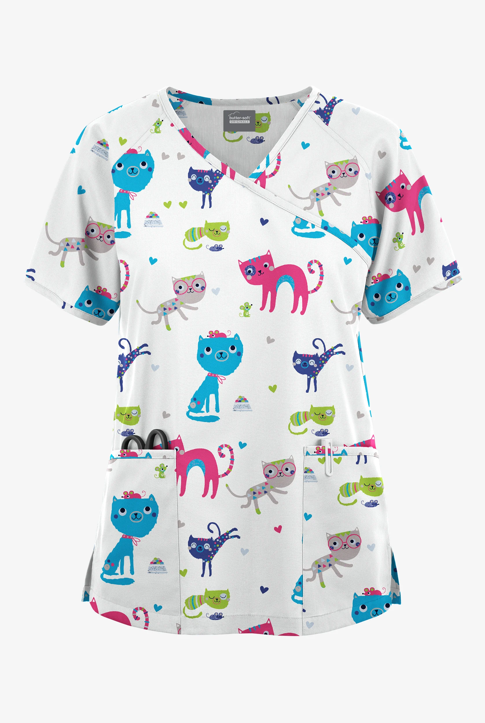 Butter-Soft Originals Friendship Women's 3-Pocket Raglan Sleeve Mock Wrap Print Scrub Top