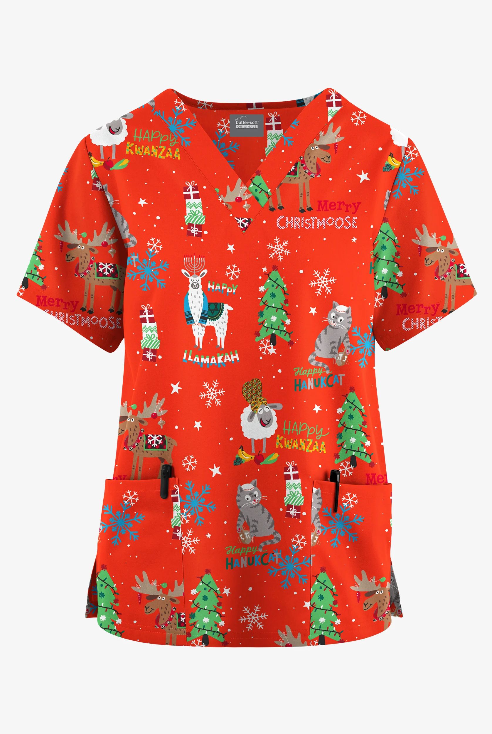 Butter-Soft Originals Christmas Hanukkah Kwanzaa 2-Pocket Classic Fit V-Neck Print Scrub Top