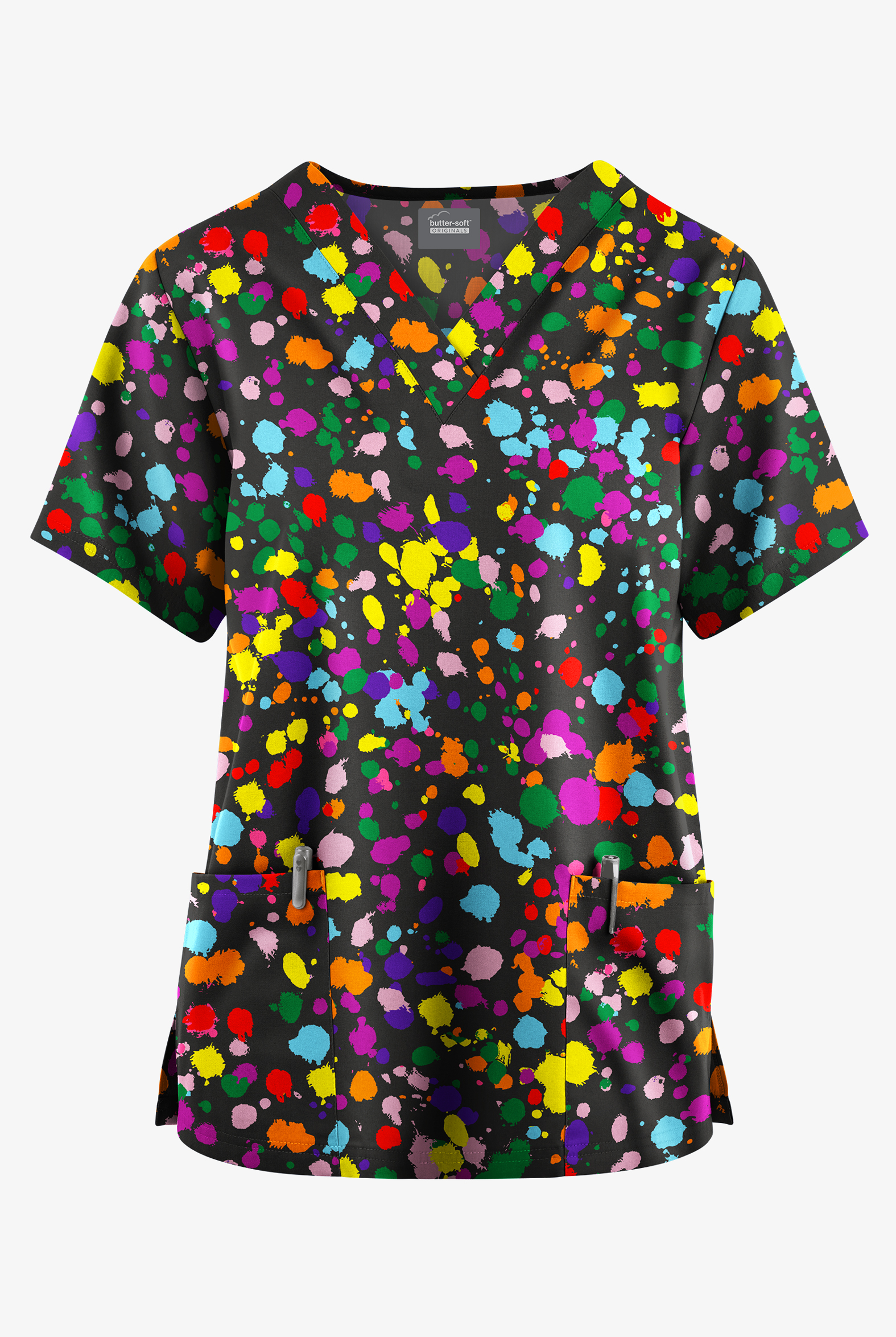 Butter-Soft Originals Unity Splash Black Women's 2-Pocket V-Neck Print Scrub Top