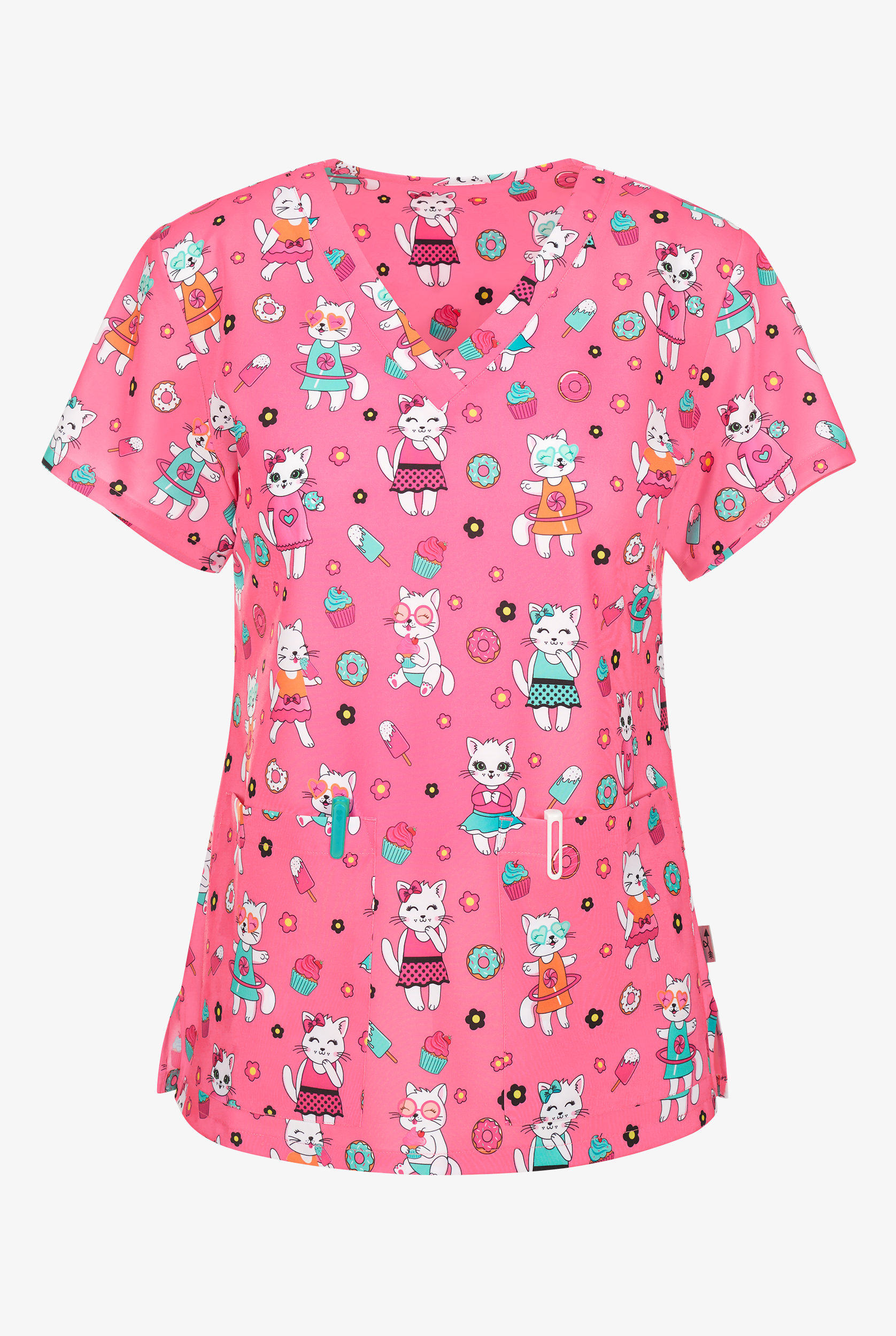 Zavate Ava Therese Kitty Treats Women's 2-Pocket STRETCH V-Neck Print Scrub Top