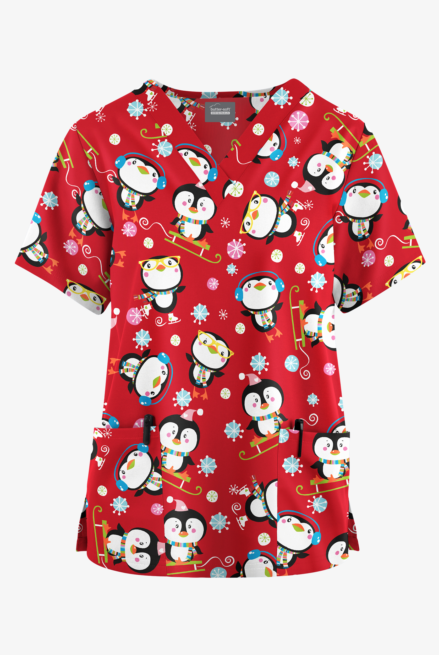 Butter-Soft Originals Penguin Playland Red Women's 2-Pocket Classic Fit V-Neck Print Scrub Top
