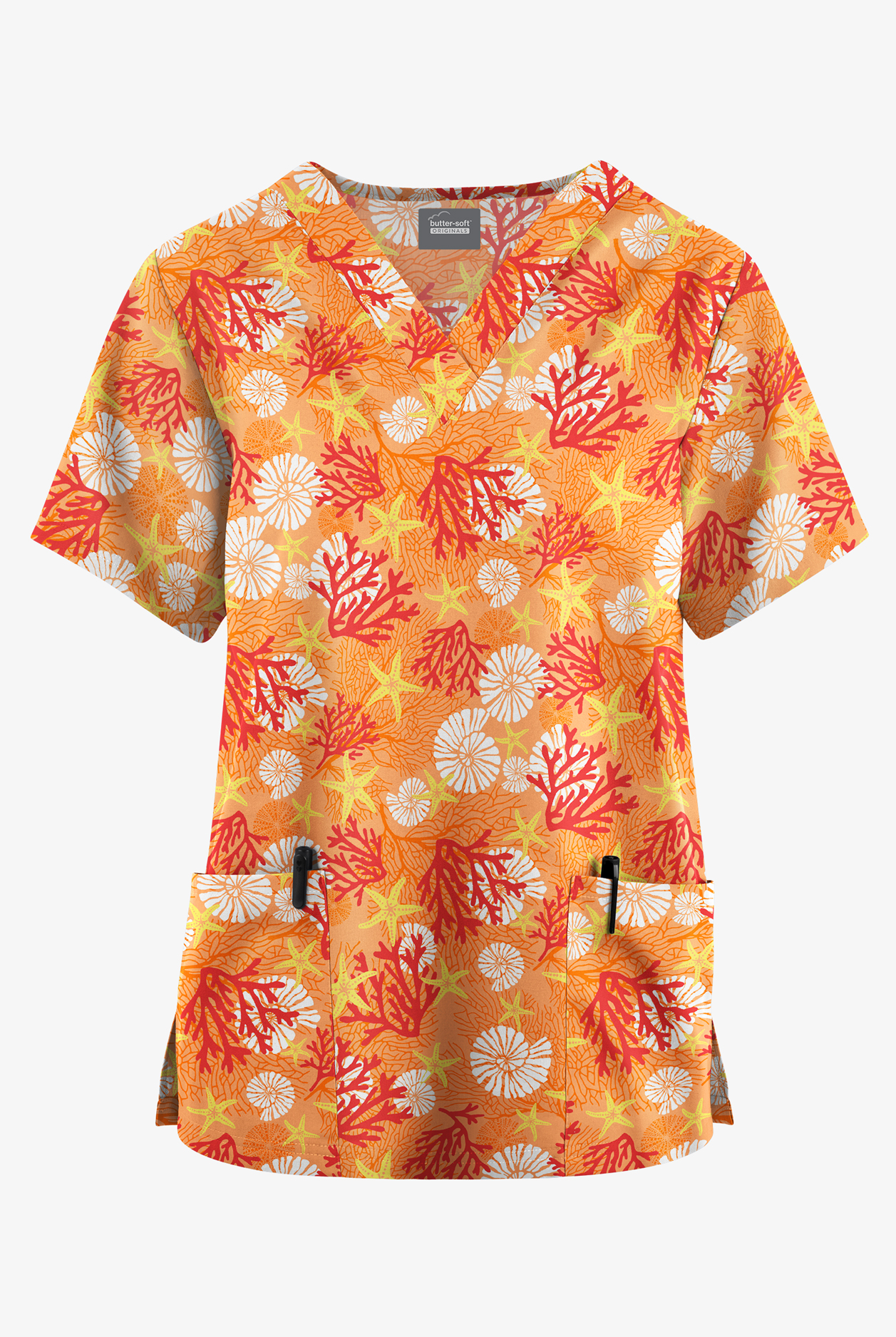 Blusa m&eacute;dica estampada Butter-Soft Originals Coral Garden Peach Creamsicle con cuello en V y 2 bolsillos para mujer