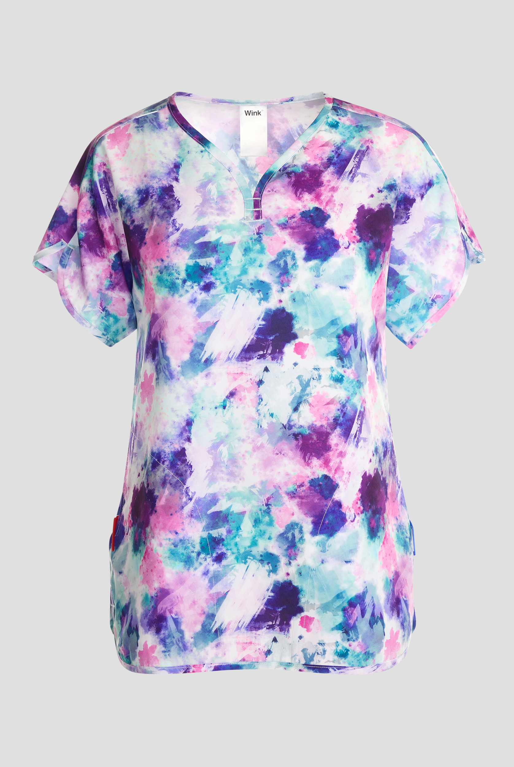 Wink Futuristic Floral Tie-Dye Women's 3-Pocket STRETCH Y-Neck Print Scrub Top