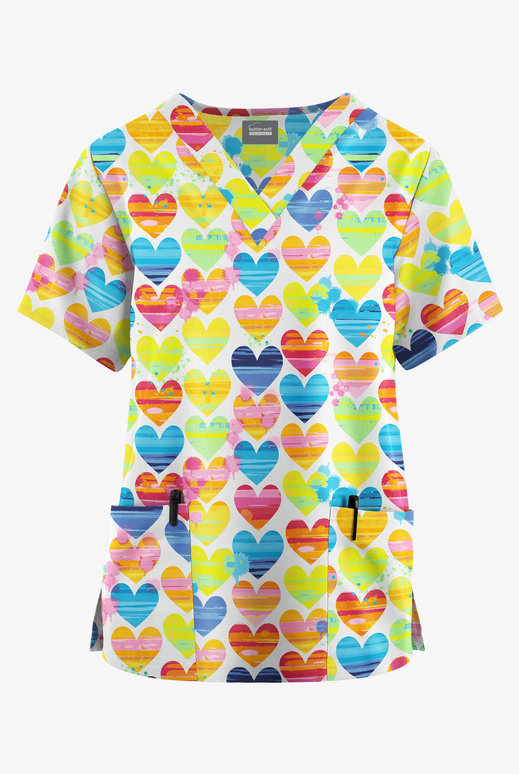 Butter-Soft Originals Painted Hearts Women's 2-Pocket Classic Fit V-Neck Print Scrub Top