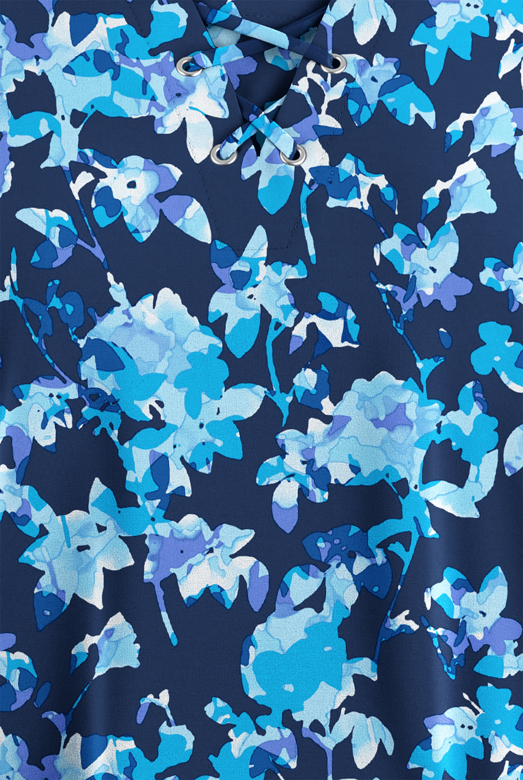 Easy STRETCH Morning Garden Navy Women's 4-Pocket Lace Up V-Neck Print Scrub Top