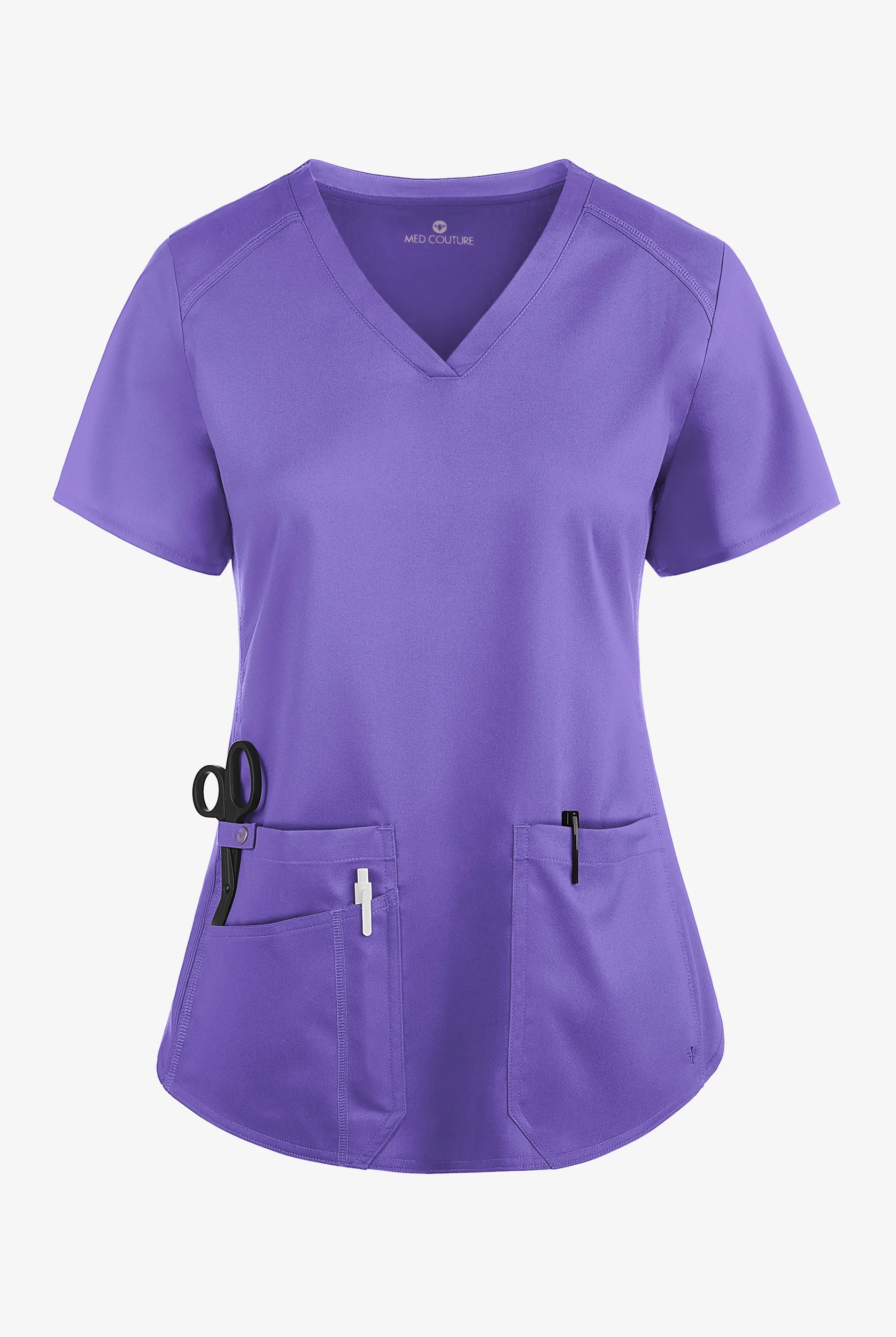 Blusa m&eacute;dica Med Couture Touch STRETCH con cuello en V, paneles laterales acanalados, fald&oacute;n camisero y 3 bolsillos para mujer