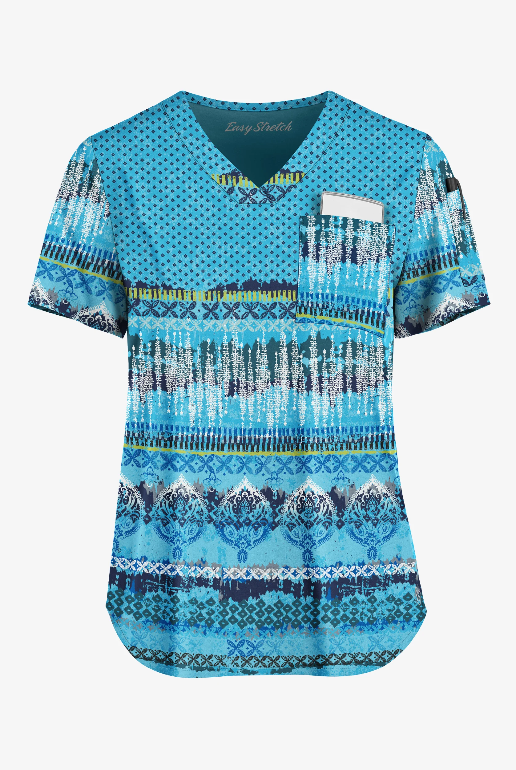 Easy STRETCH Woodblock Paisley Turquoise Womens 2-Pocket V-Neck Print Scrub Top