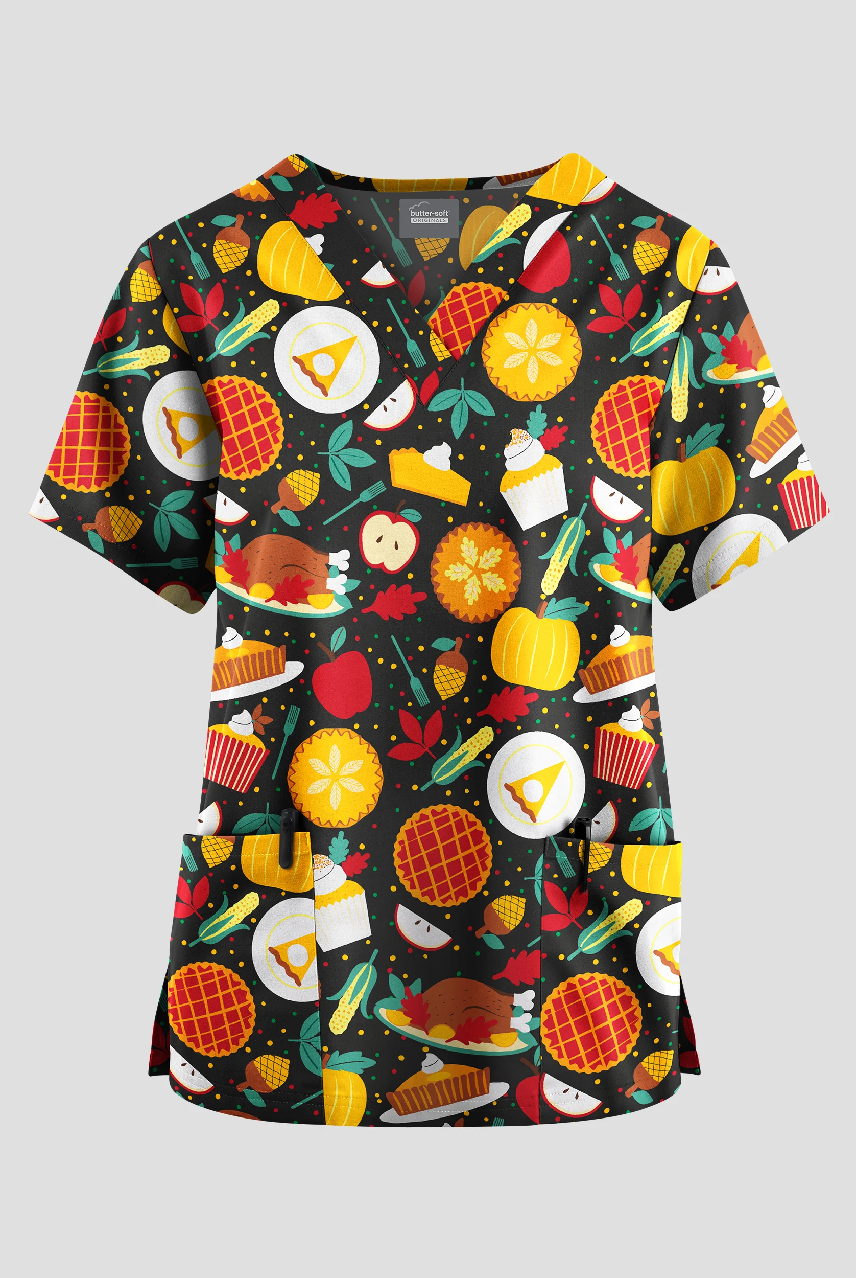 Butter-Soft Originals Thanksgiving Feast Women's 2-Pocket V-Neck Print Scrub Top