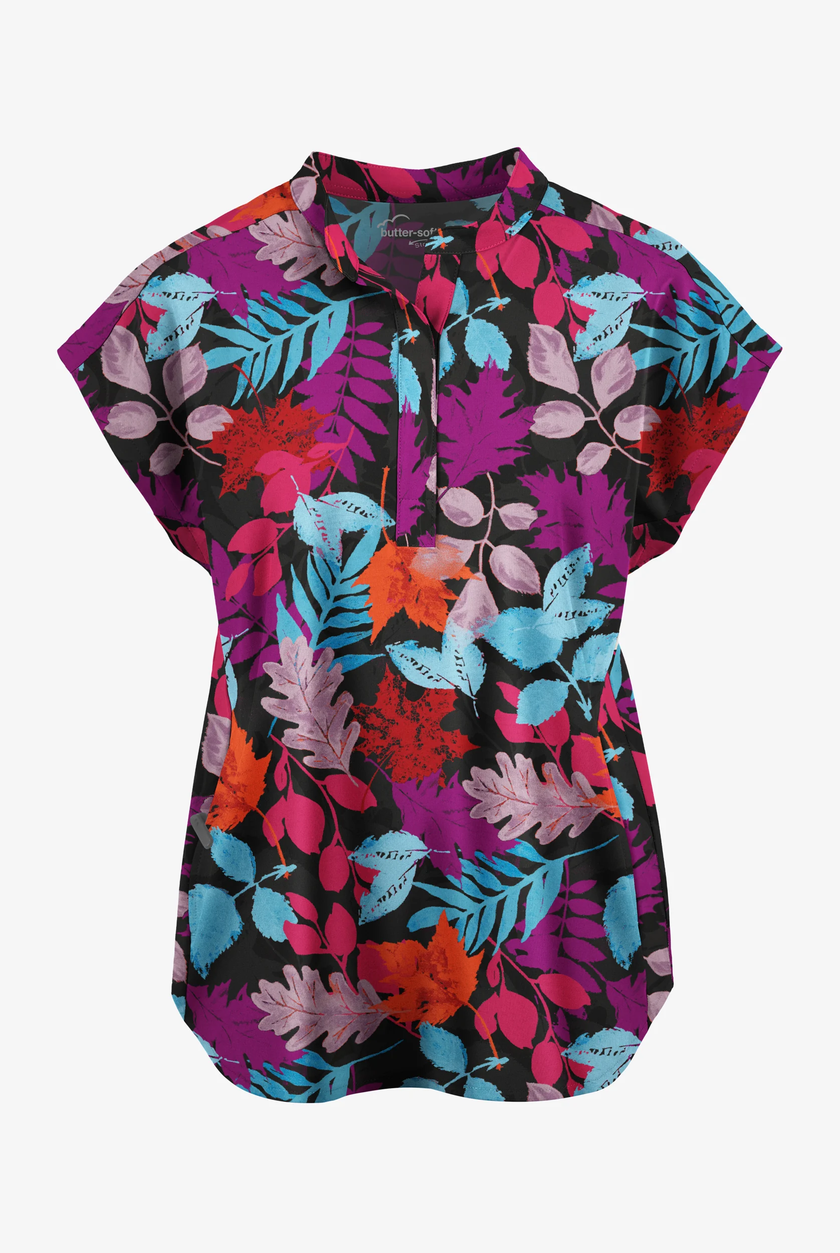 Blusa m&eacute;dica estampada Butter-Soft STRETCH Rustling Leaves de corte holgado (oversize) con mangas dolm&aacute;n y 2 bolsillos para mujer