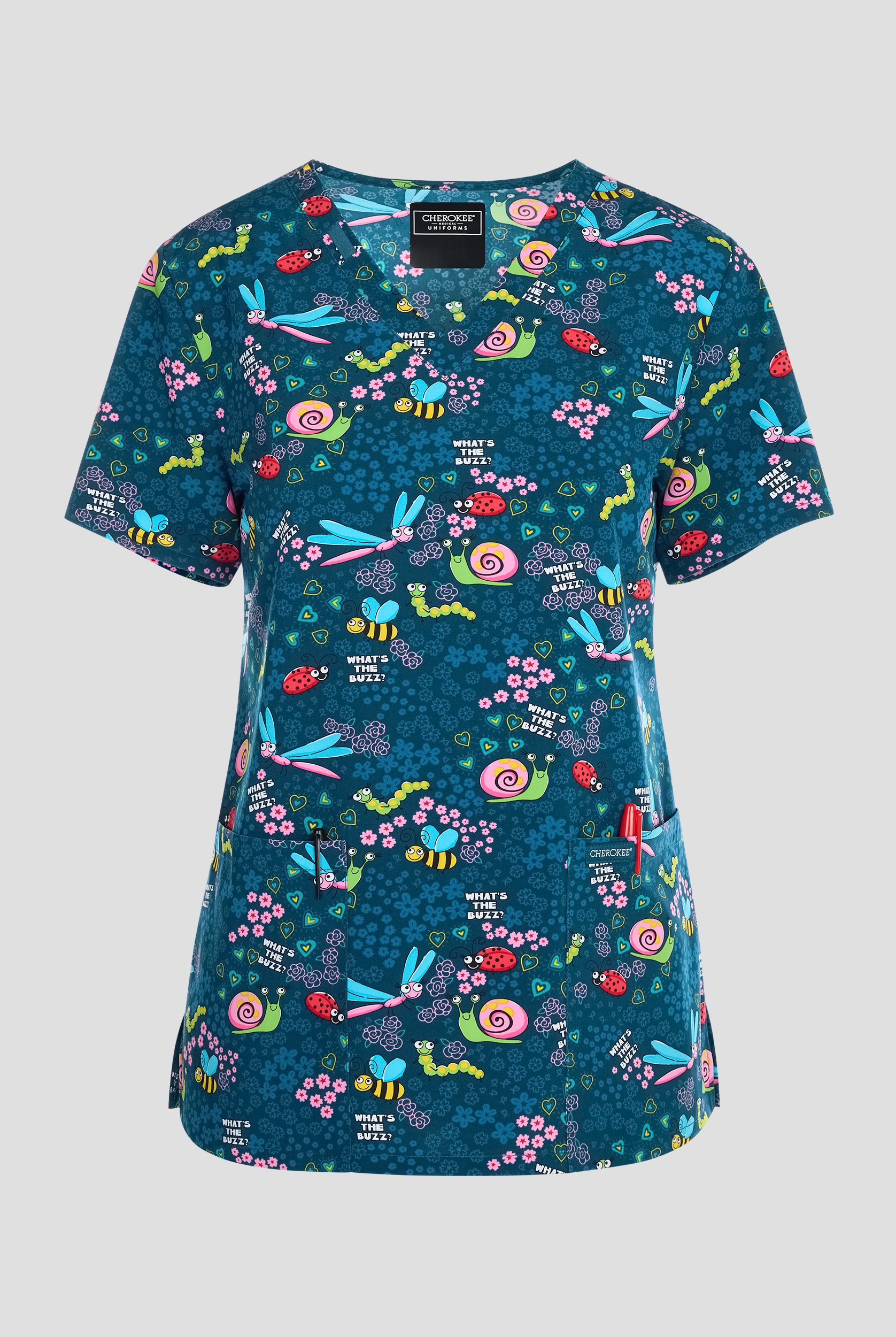 Cherokee What's The Buzz Women's 2-Pocket STRETCH V-Neck Print Scrub Top