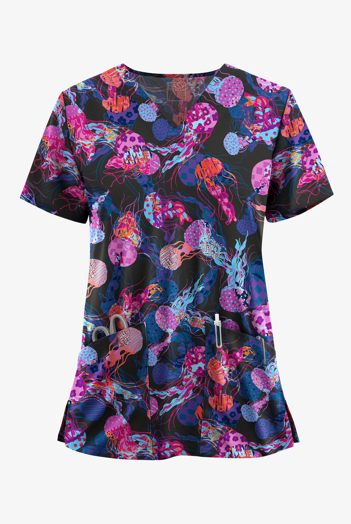 Easy STRETCH Jellyfish Night Onyx Black Women's 2-Pocket V-Neck Print Scrub Top
