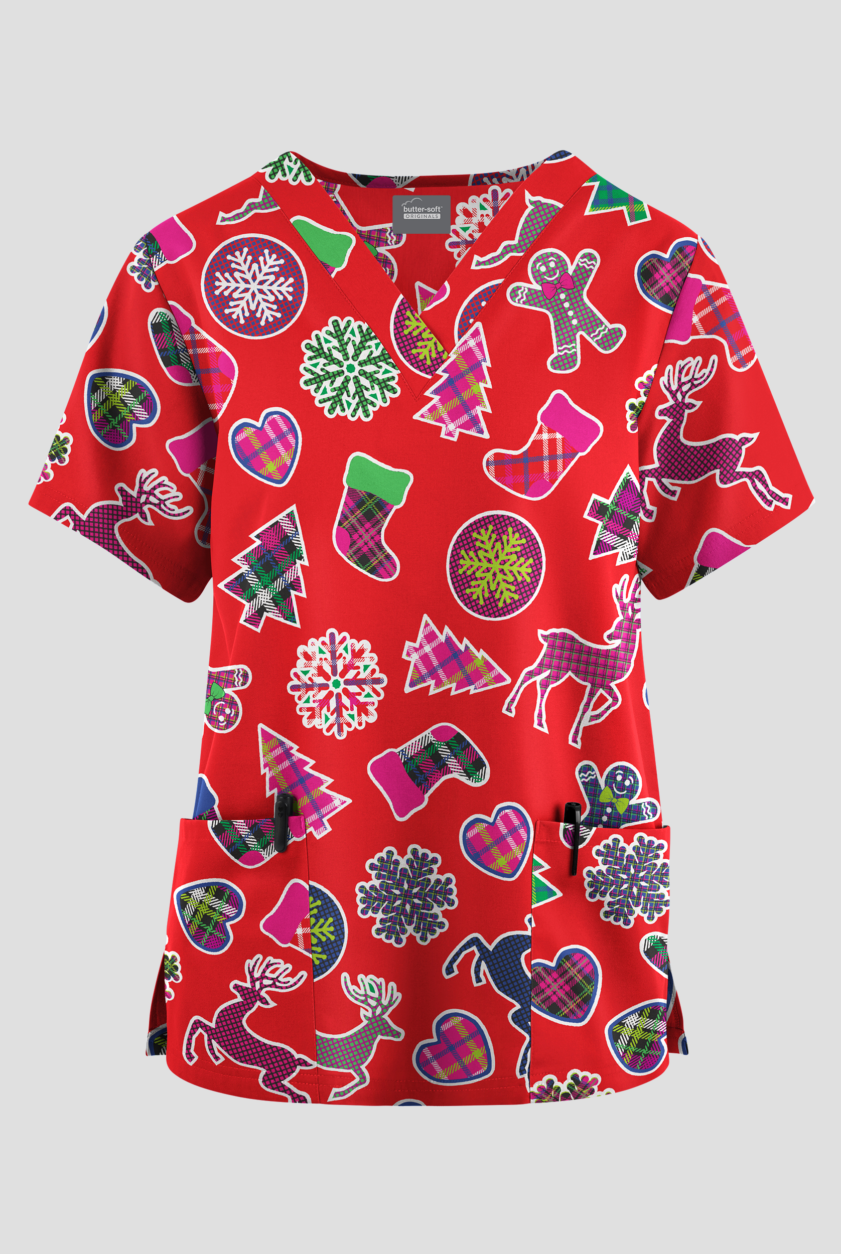 Blusa médica estampada Butter-soft Originals Christmas Tartan Fuchsia con cuello en V y 2 bolsillos para mujer