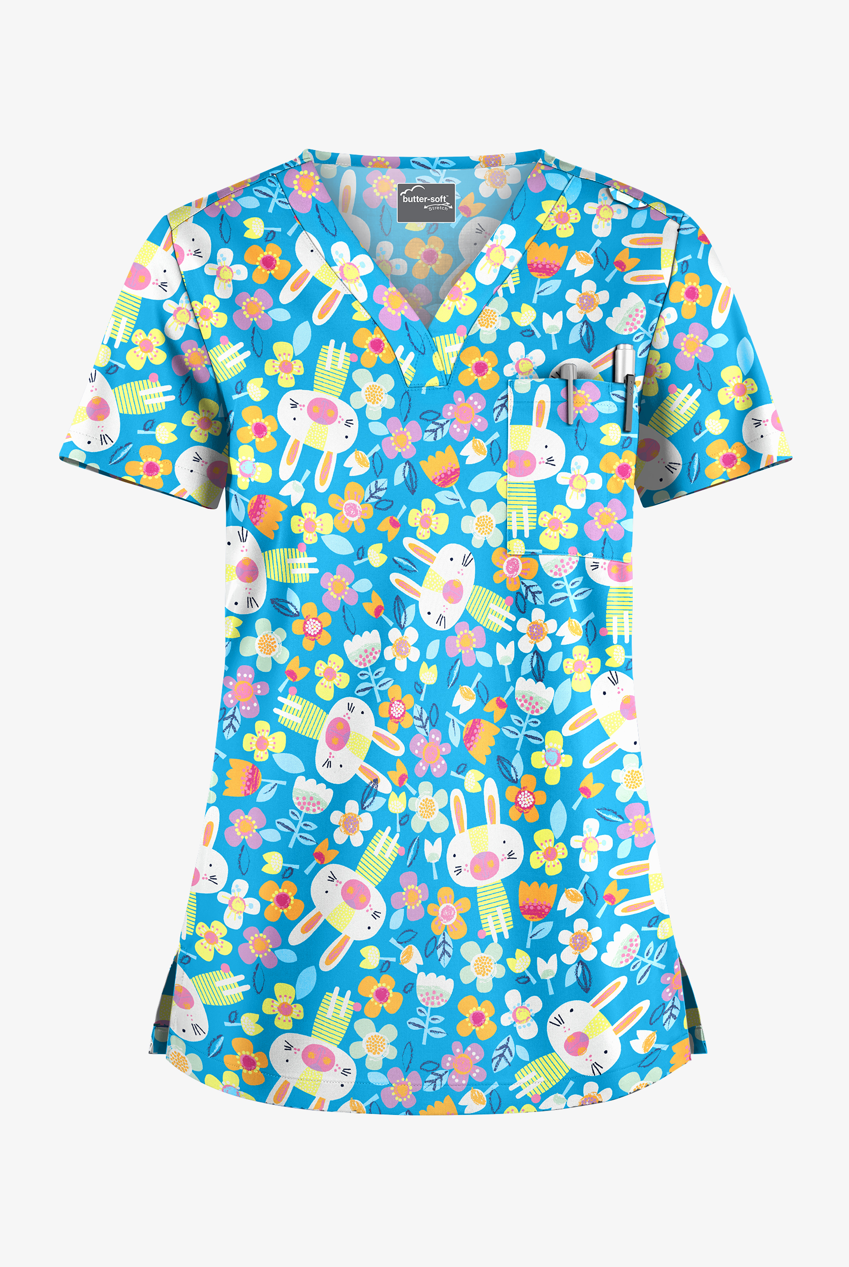 Butter-Soft STRETCH Easter Fun Turquoise Women's 1-Pocket Tuck-In V-Neck Print Scrub Top