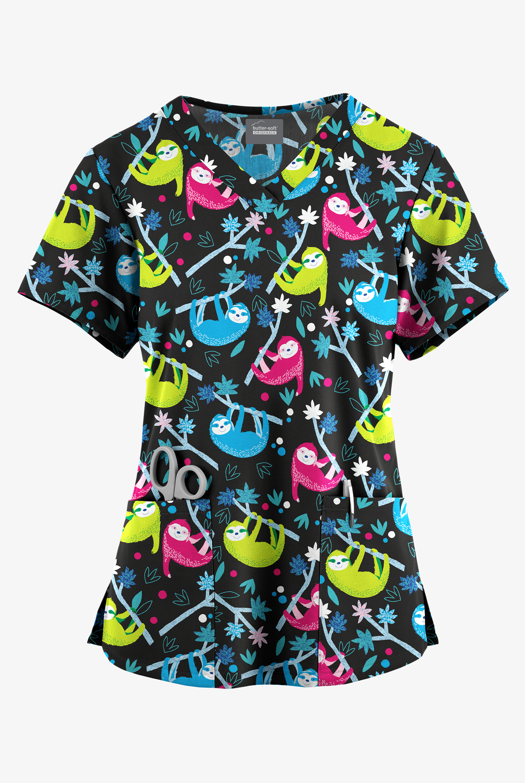 Butter-Soft Originals Slew Of Sloths Women's 4-Pocket Rounded V-Neck Print Scrub Top