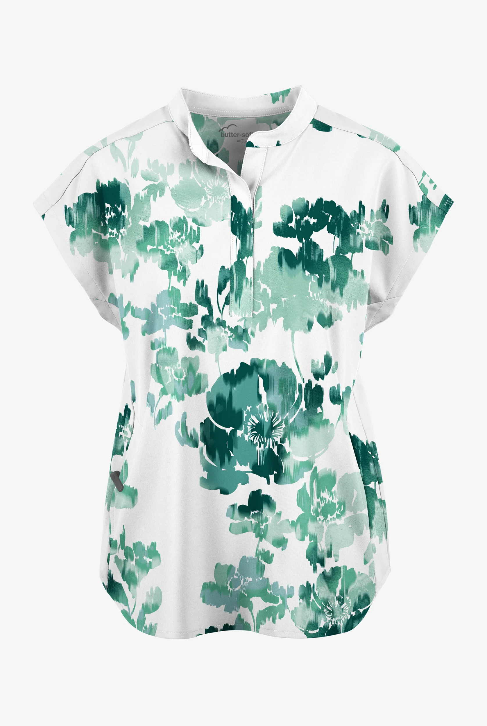 Butter-Soft STRETCH Napoli Garden White Women's Dolman Print Scrub Top