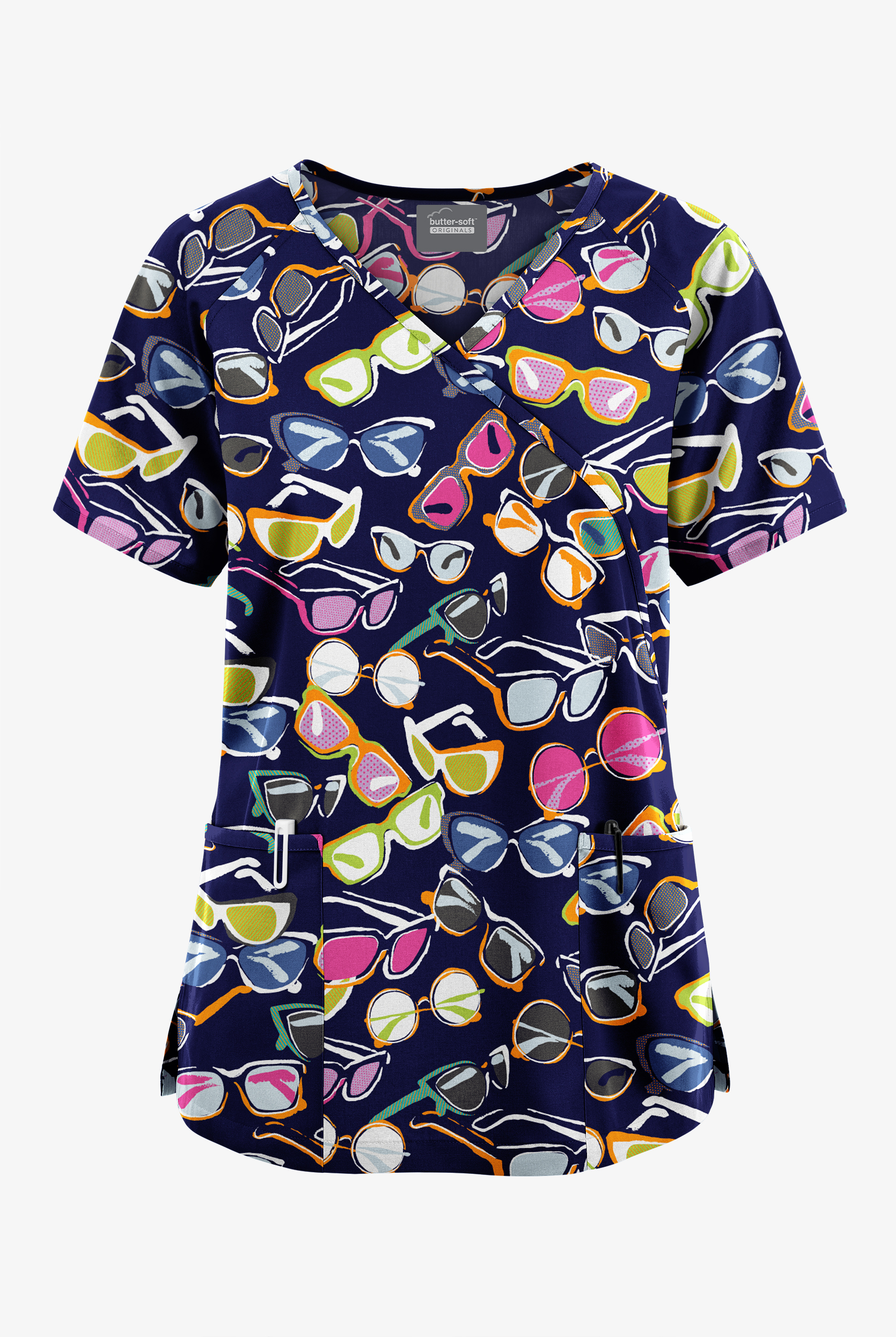 Butter-Soft Originals Fancy Shades Navy Women's 3-Pocket Mock Wrap with Ties Print Scrub Top