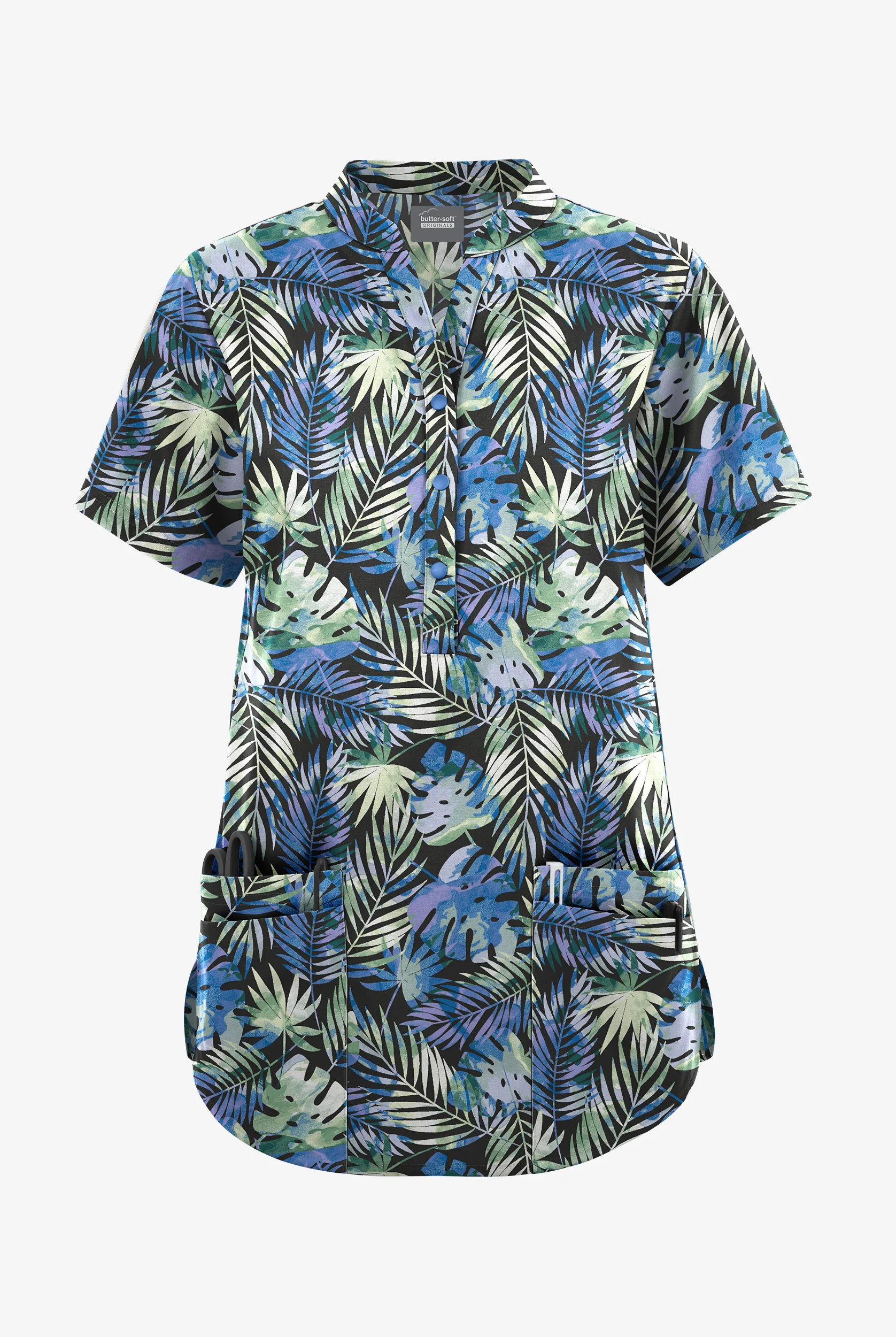 Butter-Soft Originals Tropical Garden Women's 6-Pocket Mandarin Collar Print Scrub Top