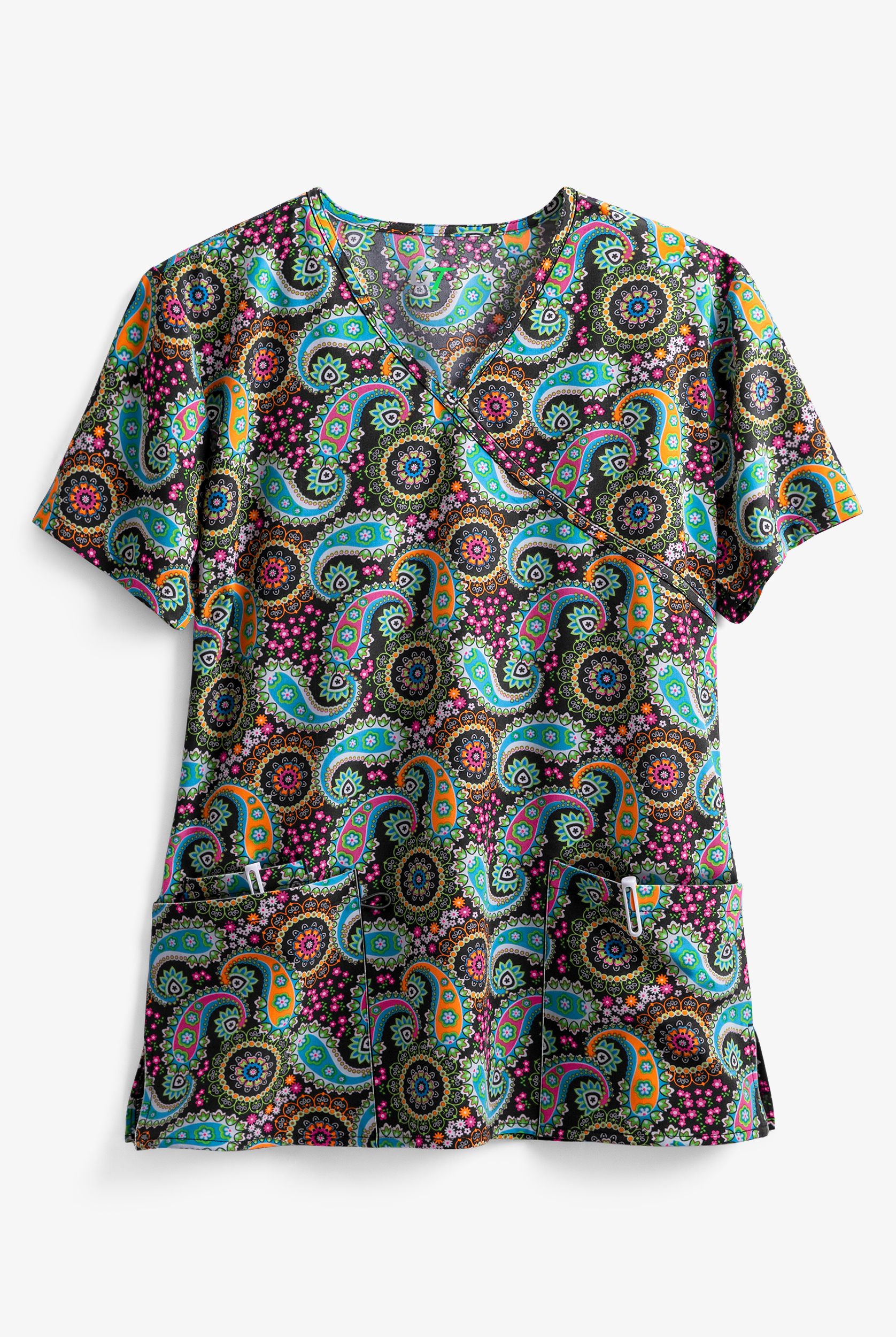 Green Town Ethnic Paisley Women's 3-Pocket Mock Wrap Print Scrub Top