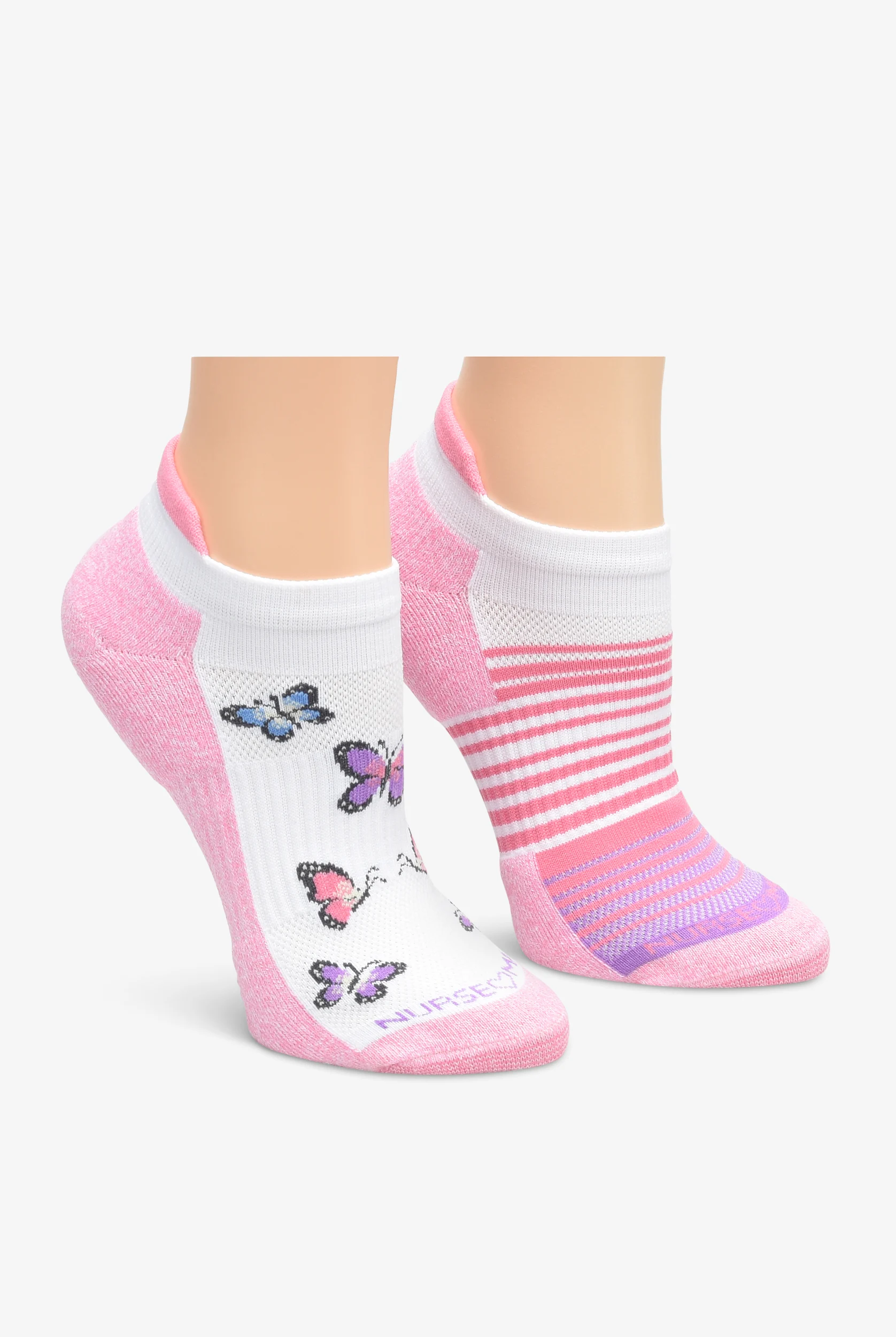 Paquete con 2 pares de calcetines al tobillo Nurse Mates Pink Butterfly/Stripe para mujer  