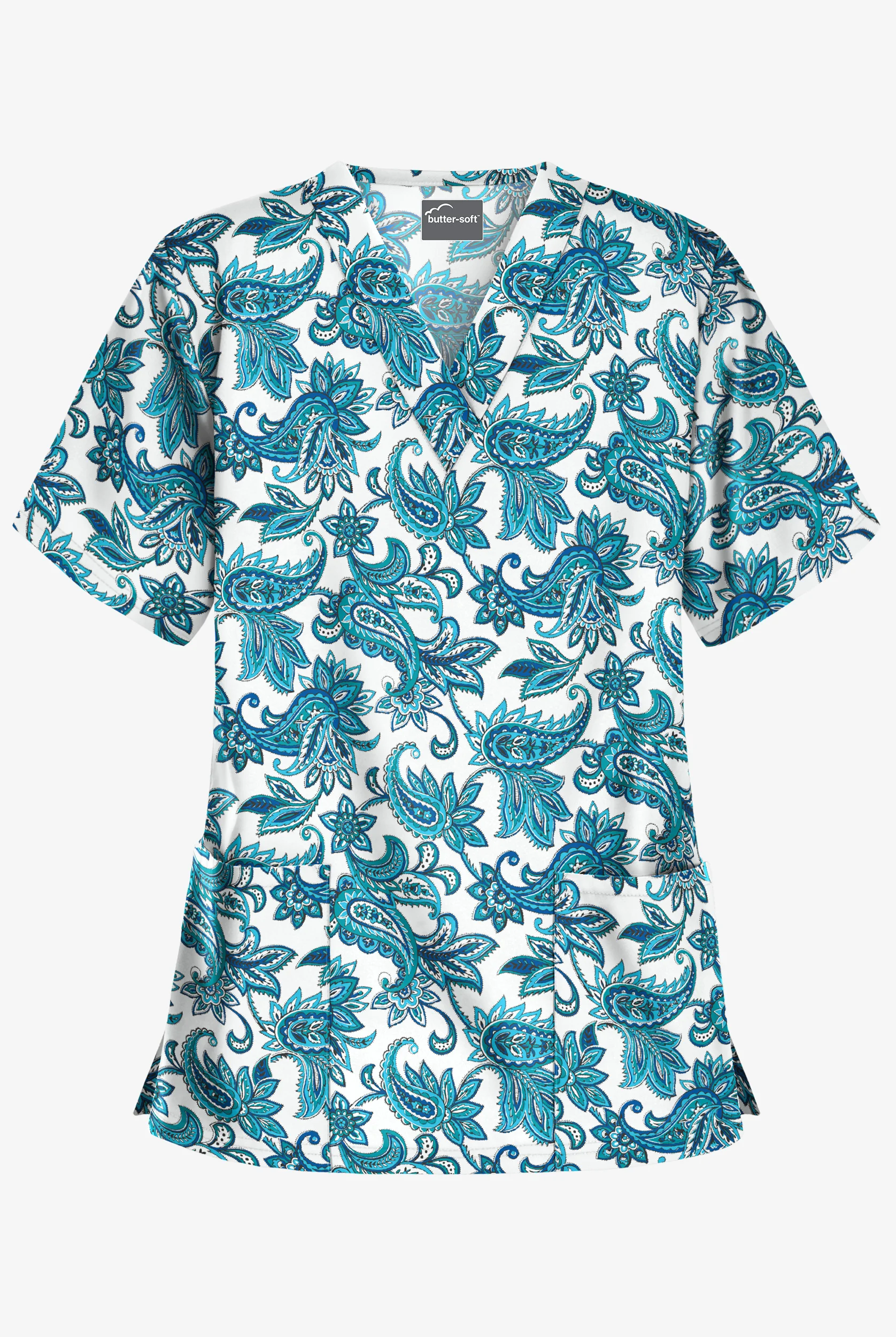 Butter-Soft Baku White Paisley Women's 2-Pocket V-Neck Print Scrub Top