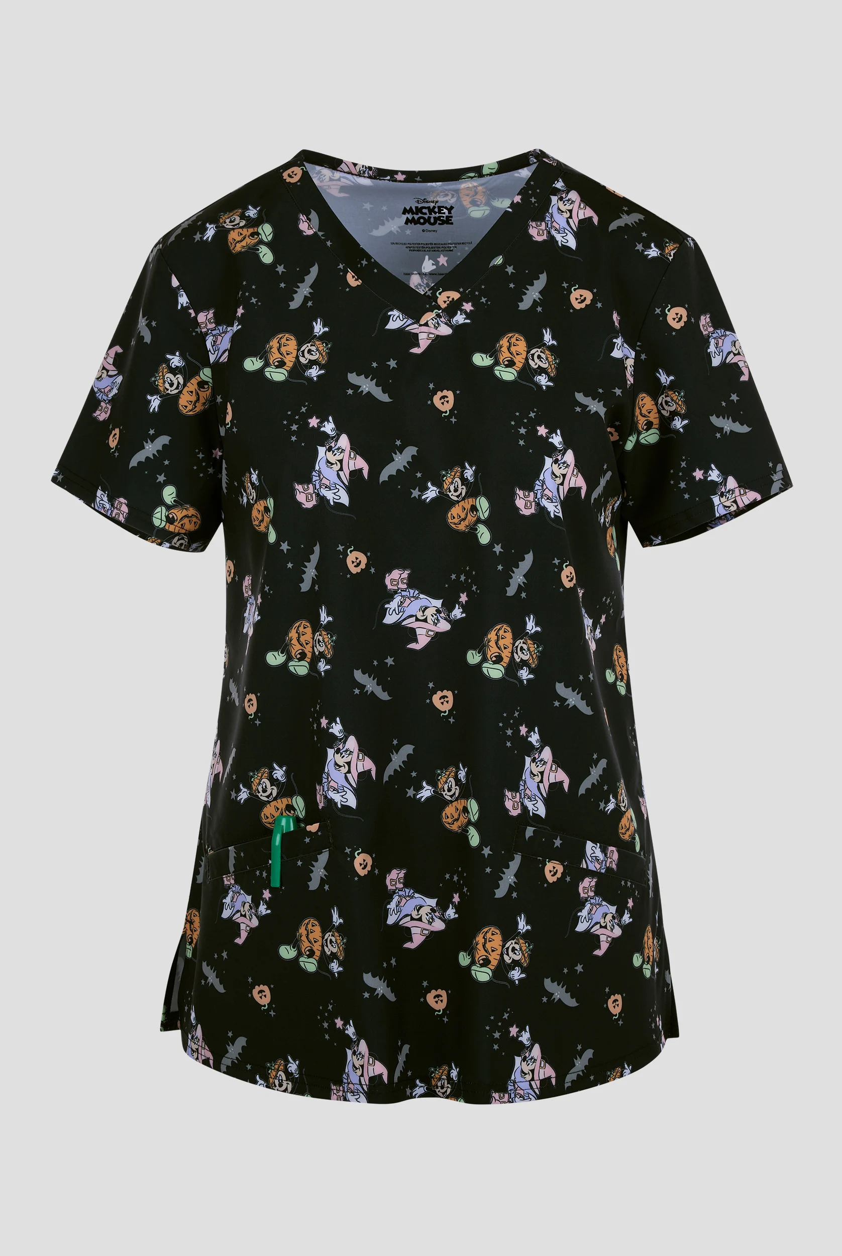 Blusa médica estampada Disney's Mickey Mouse Halloween by Funscrubs STRETCH con cuello en V y 2 bolsillos para mujer