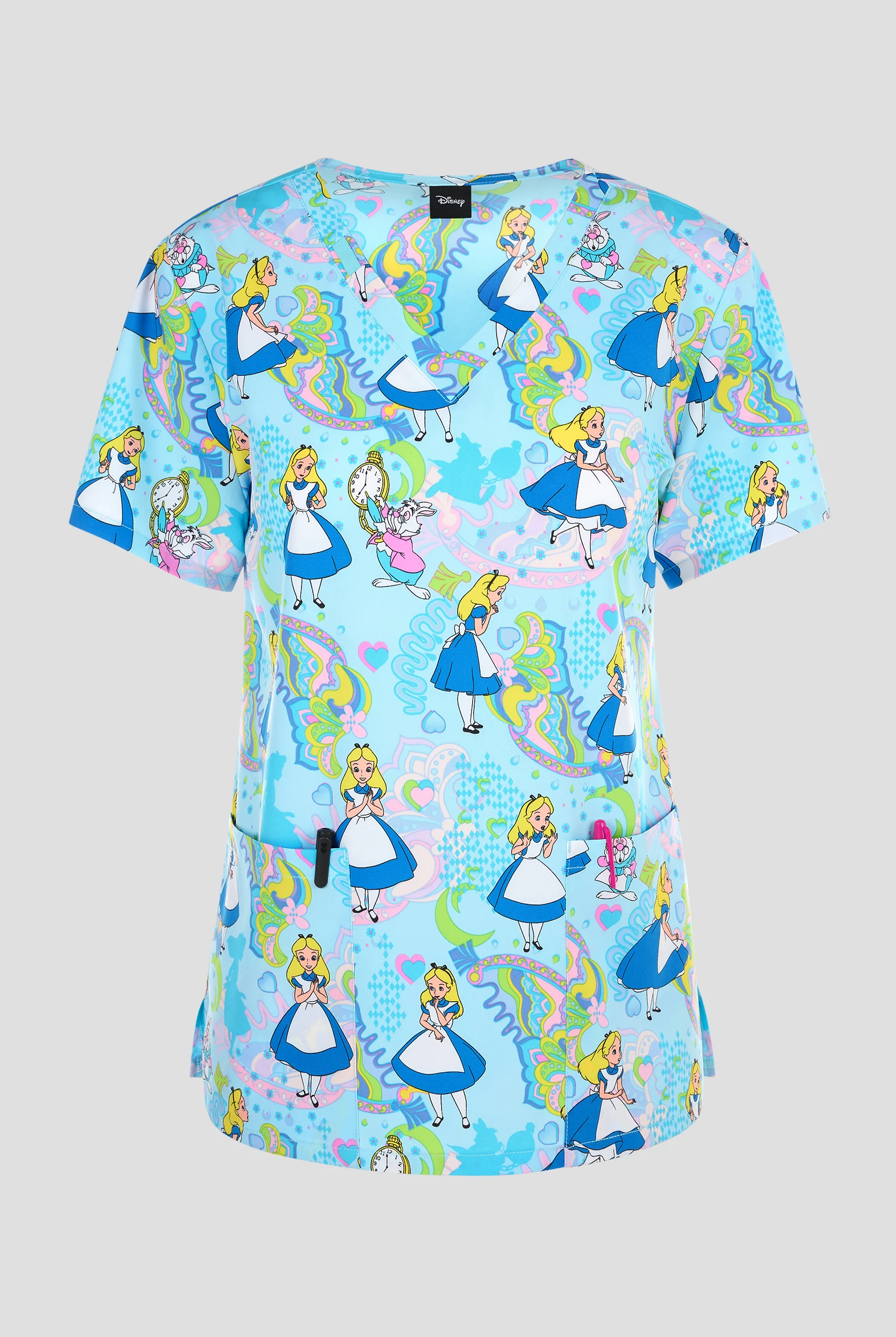 Tooniforms Disney's Alice Dreamland Women's 2-Pocket STRETCH V-Neck Print Scrub Top