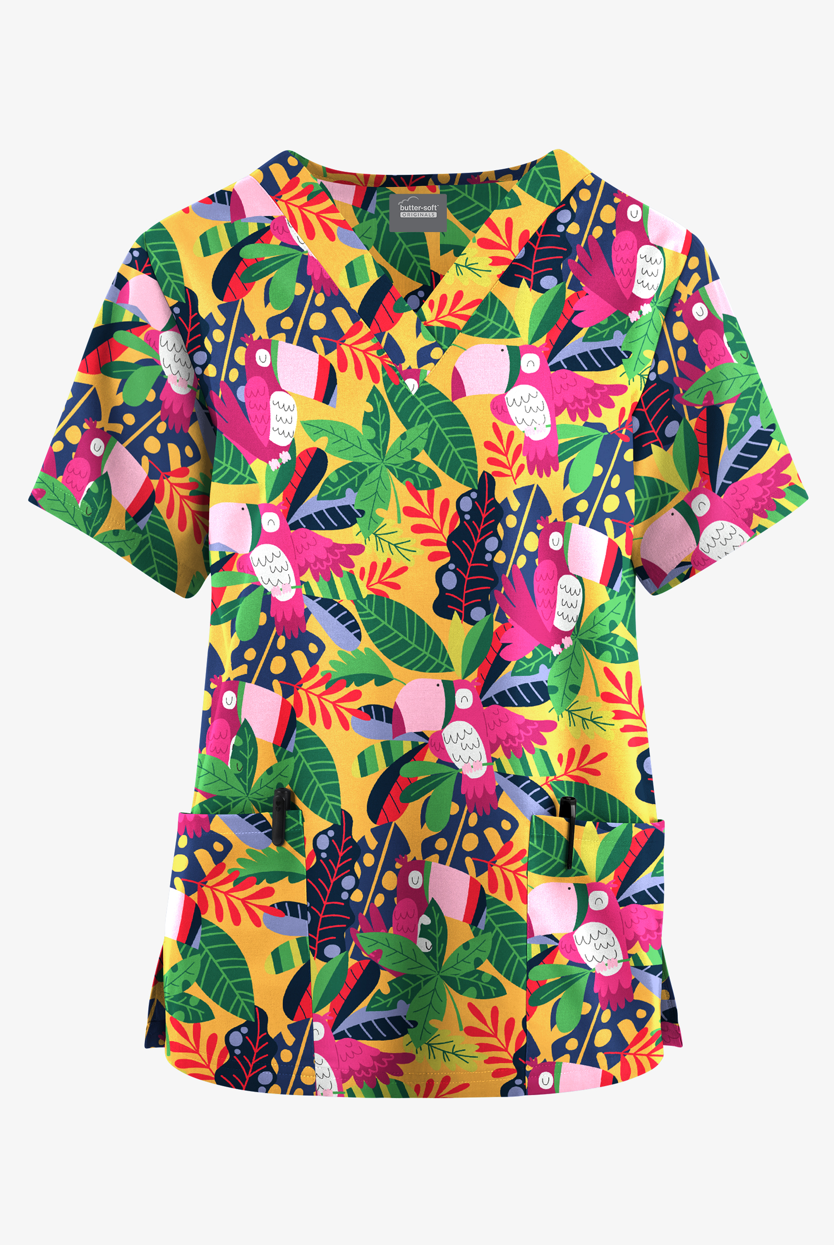 Butter-Soft Originals Aloha Toucans Warm Sun Women's 2-Pocket V-Neck Print Scrub Top