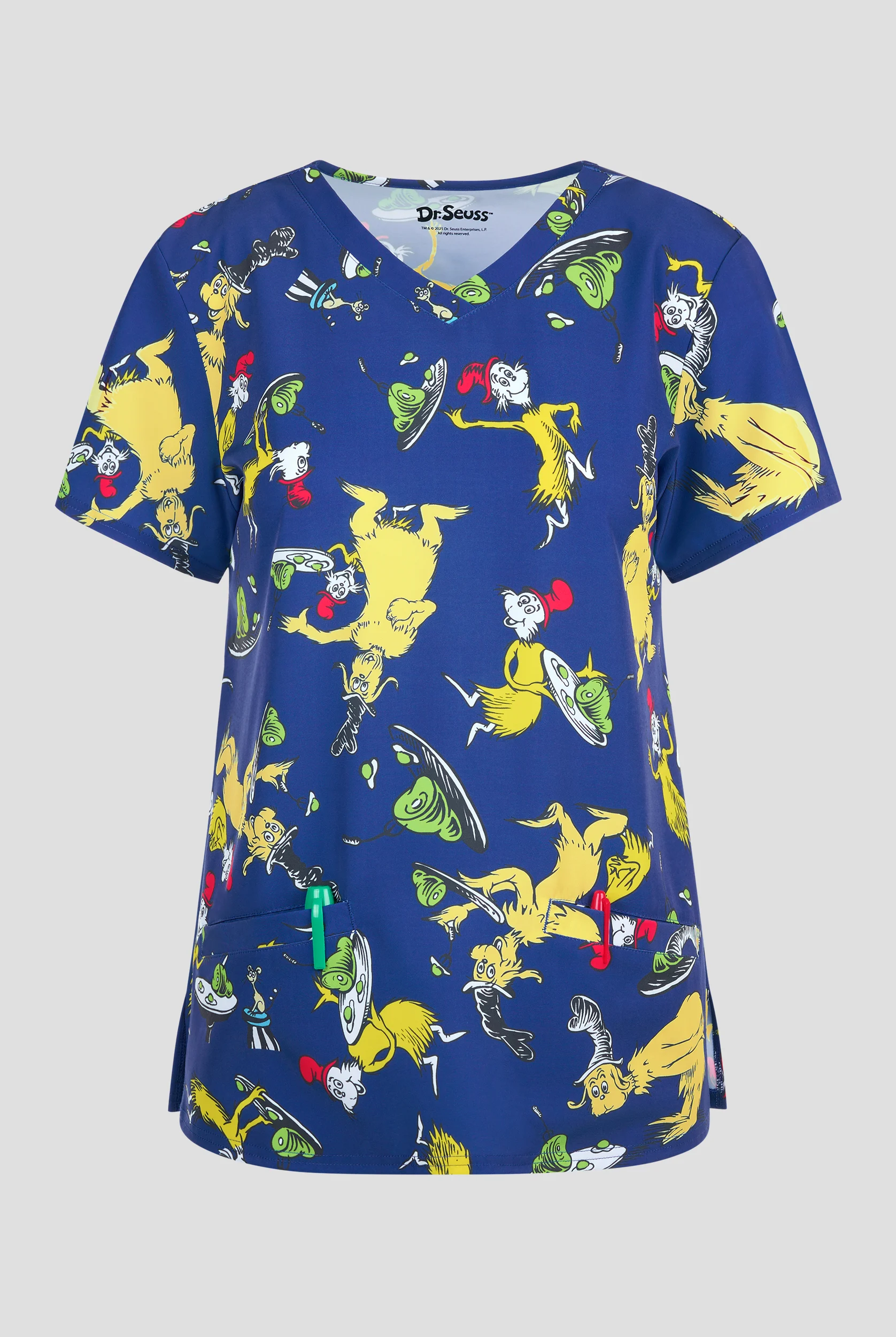 Dr. Suess' Green Eggs and Ham by Funscrubs Women's 2-Pocket STRETCH V-Neck Print Scrub Top