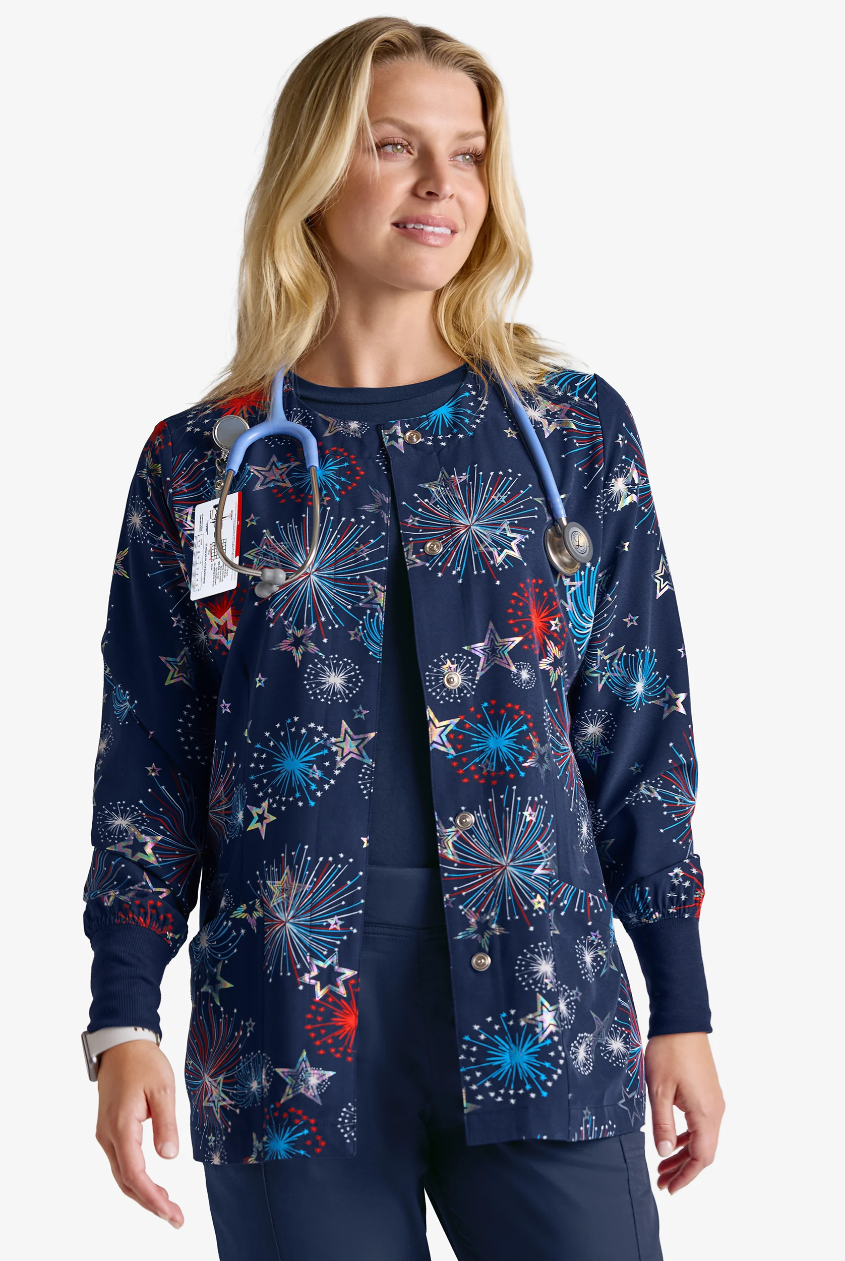 Butter-Soft STRETCH Shining Fourth Navy Women's Printed Long Sleeve Snap Front Jacket