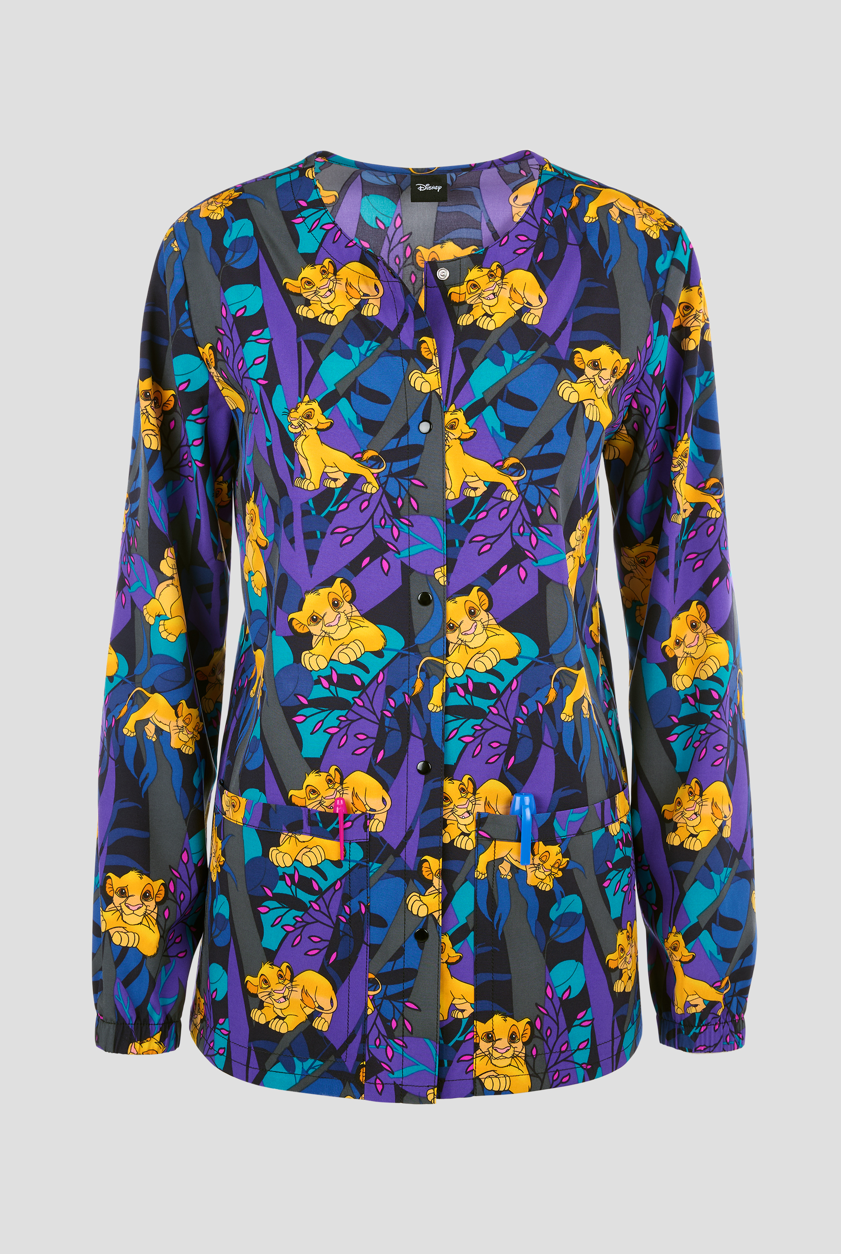 Chaqueta médica estampada Tooniforms Disney's Lion King Sensational Simba STRETCH con cuello en V y 2 bolsillos para mujer