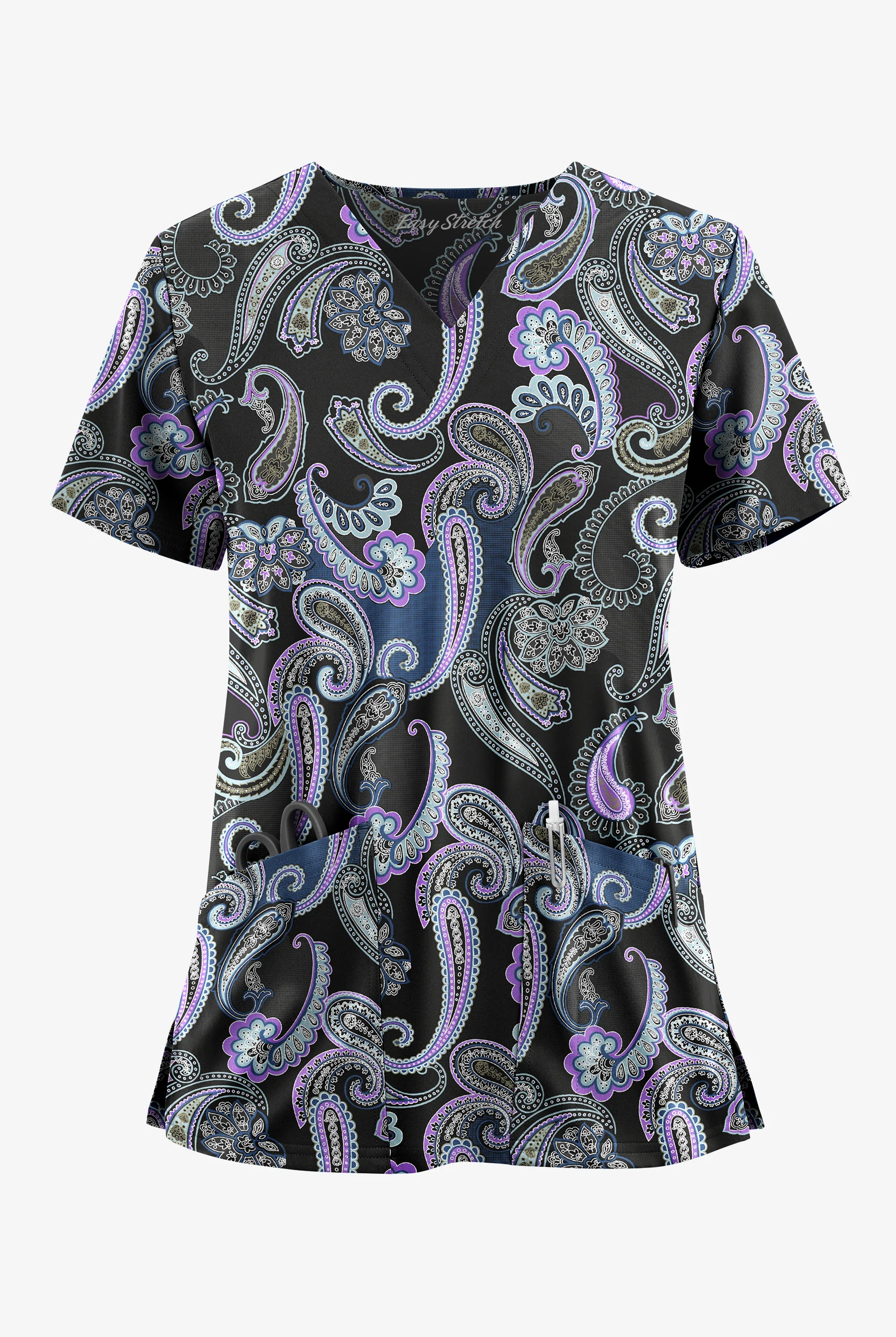 Easy STRETCH Kashmir Paisley Ultraviolet Light Women's 2-Pocket V-Neck Print Scrub Top
