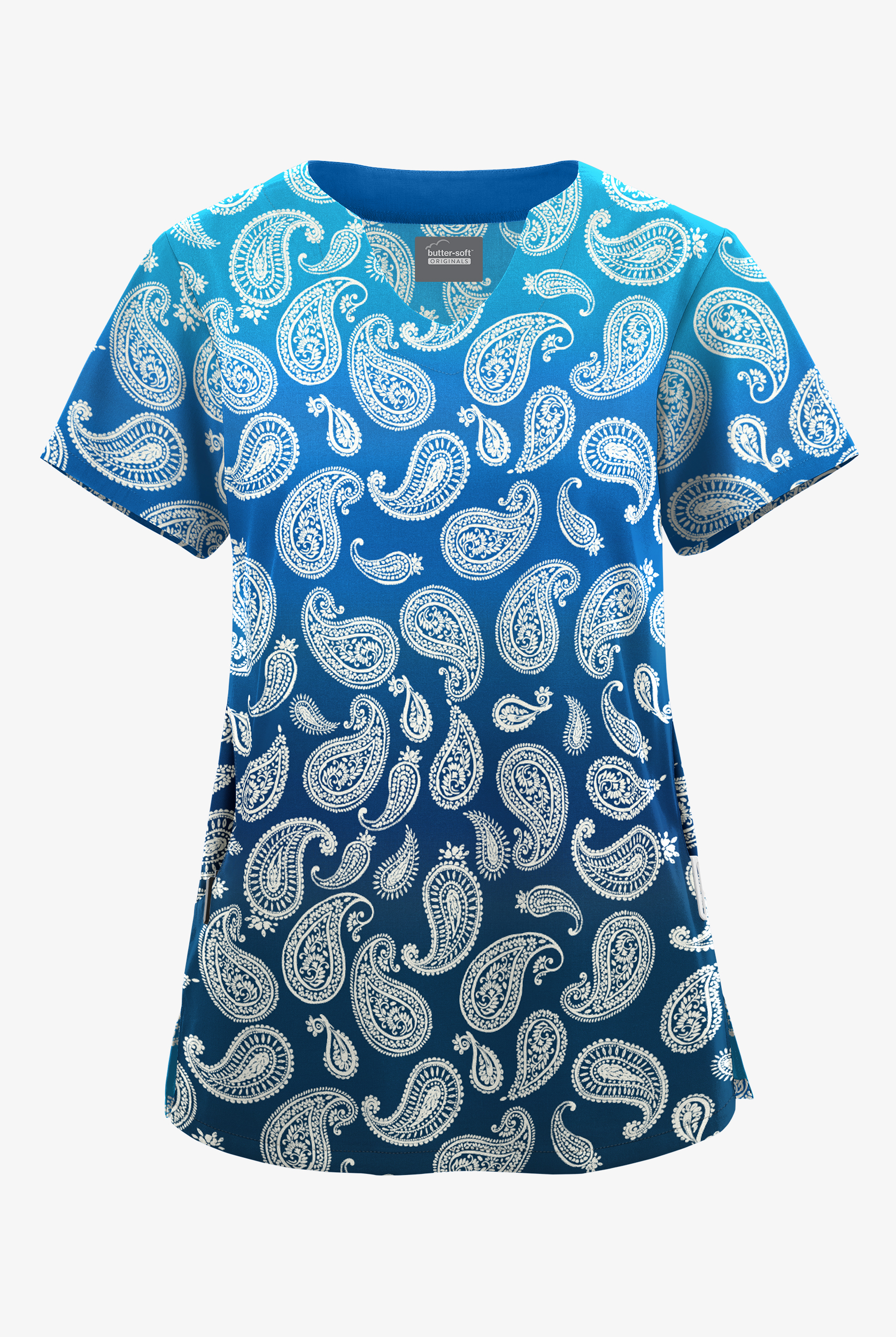 Butter-Soft Originals Paisley Gradient Turquoise Women's 2-Pocket Scallop Neck Print Scrub Top