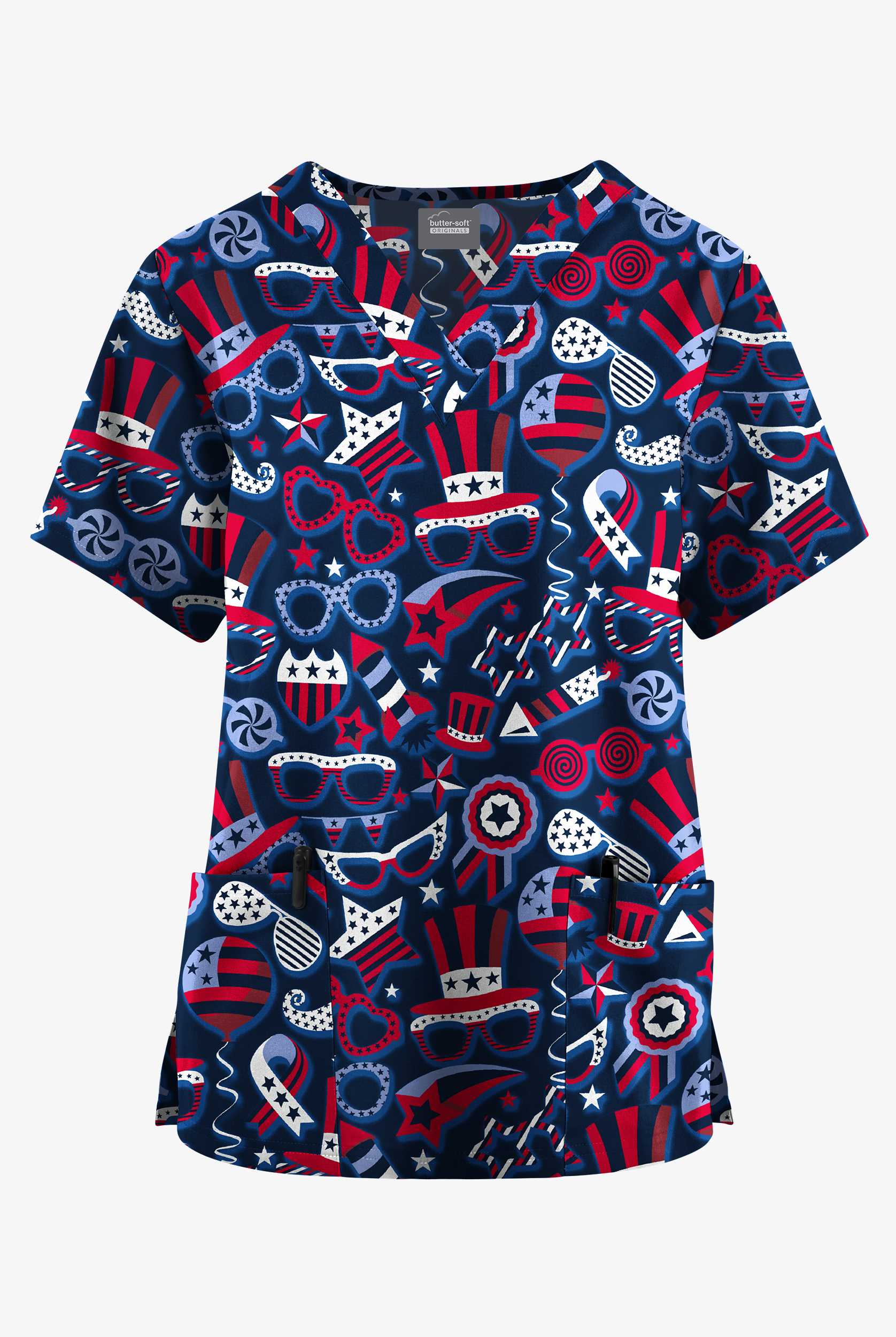 Butter-Soft Originals Stars & Stripes Navy Women's 2-Pocket Classic Fit V-Neck Print Scrub Top