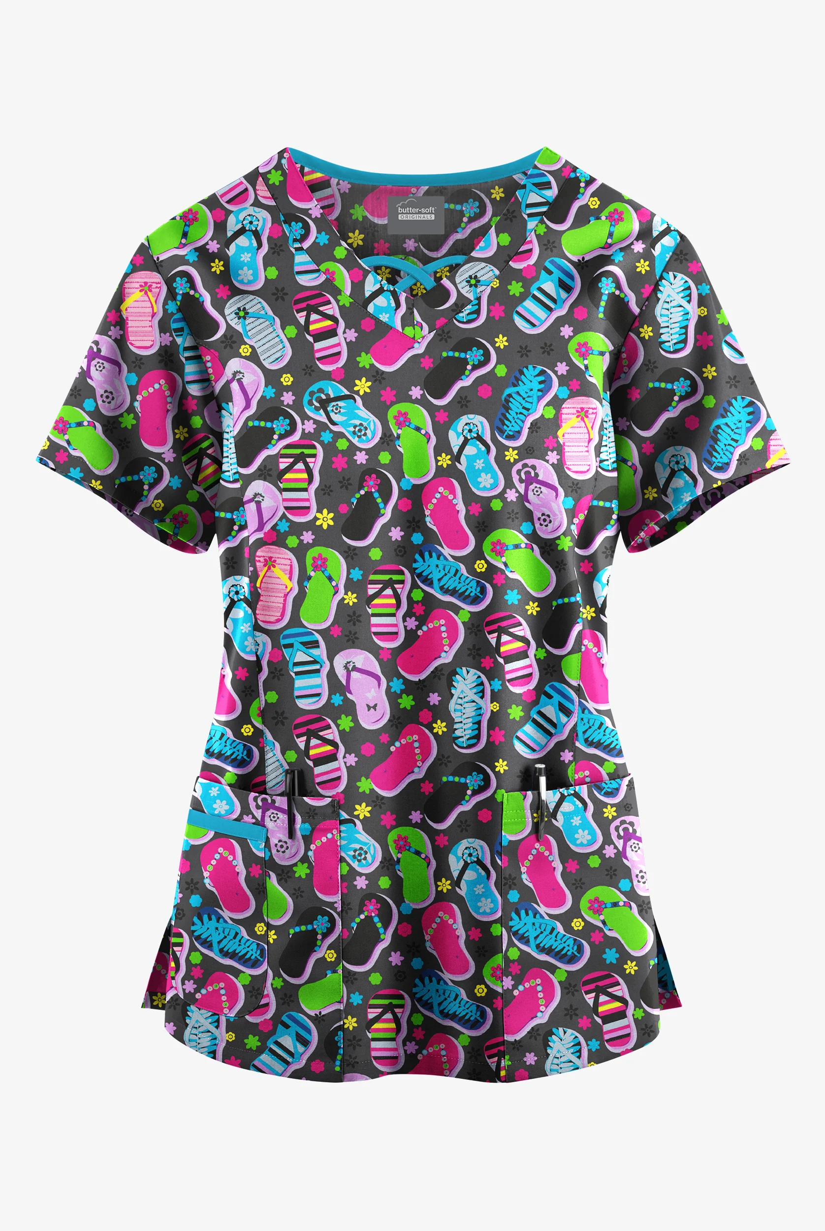 Butter-Soft Originals Flip Flop Fun Pewter Women's 3-Pocket Criss Cross Print Scrub Top