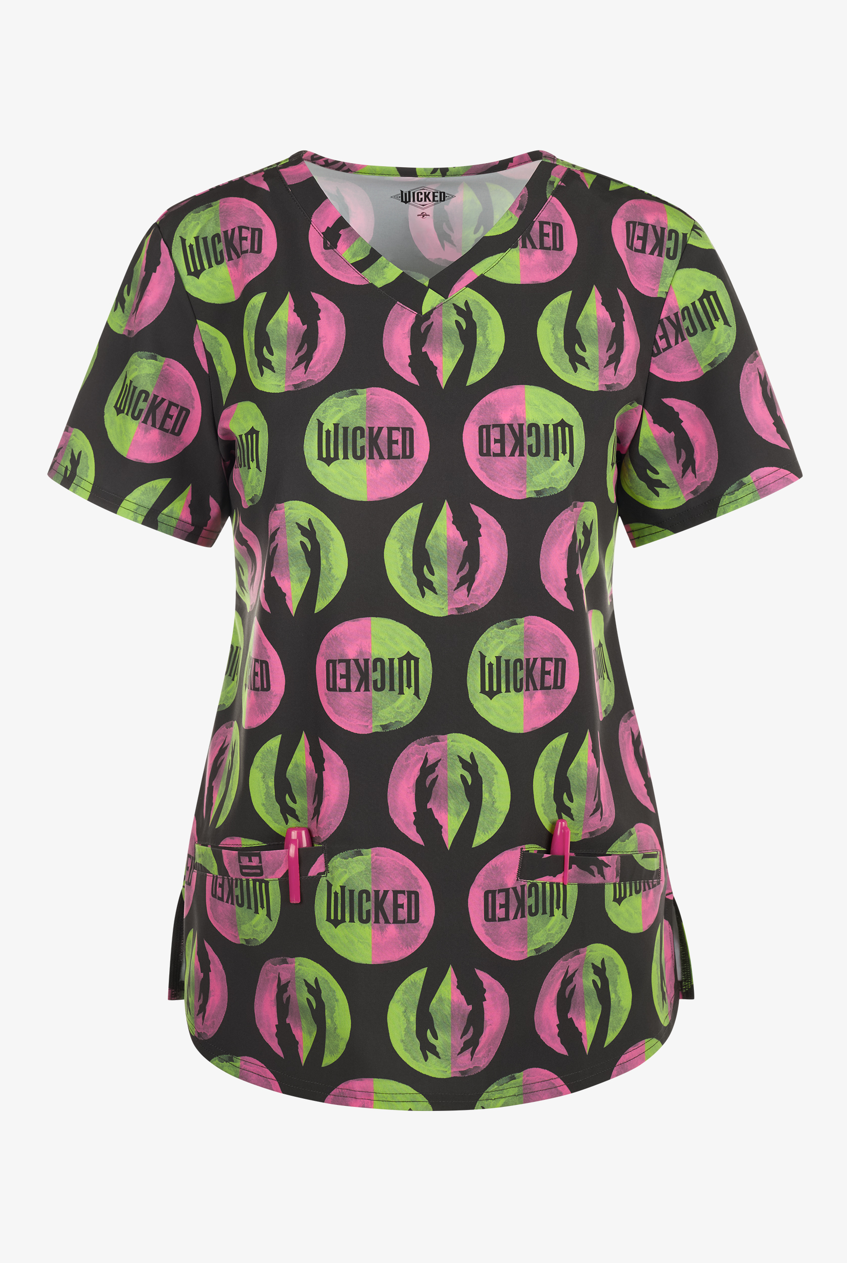 Blusa médica estampada FUNSCRUBS Wicked STRETCH con cuello en V y 2 bolsillos para mujer