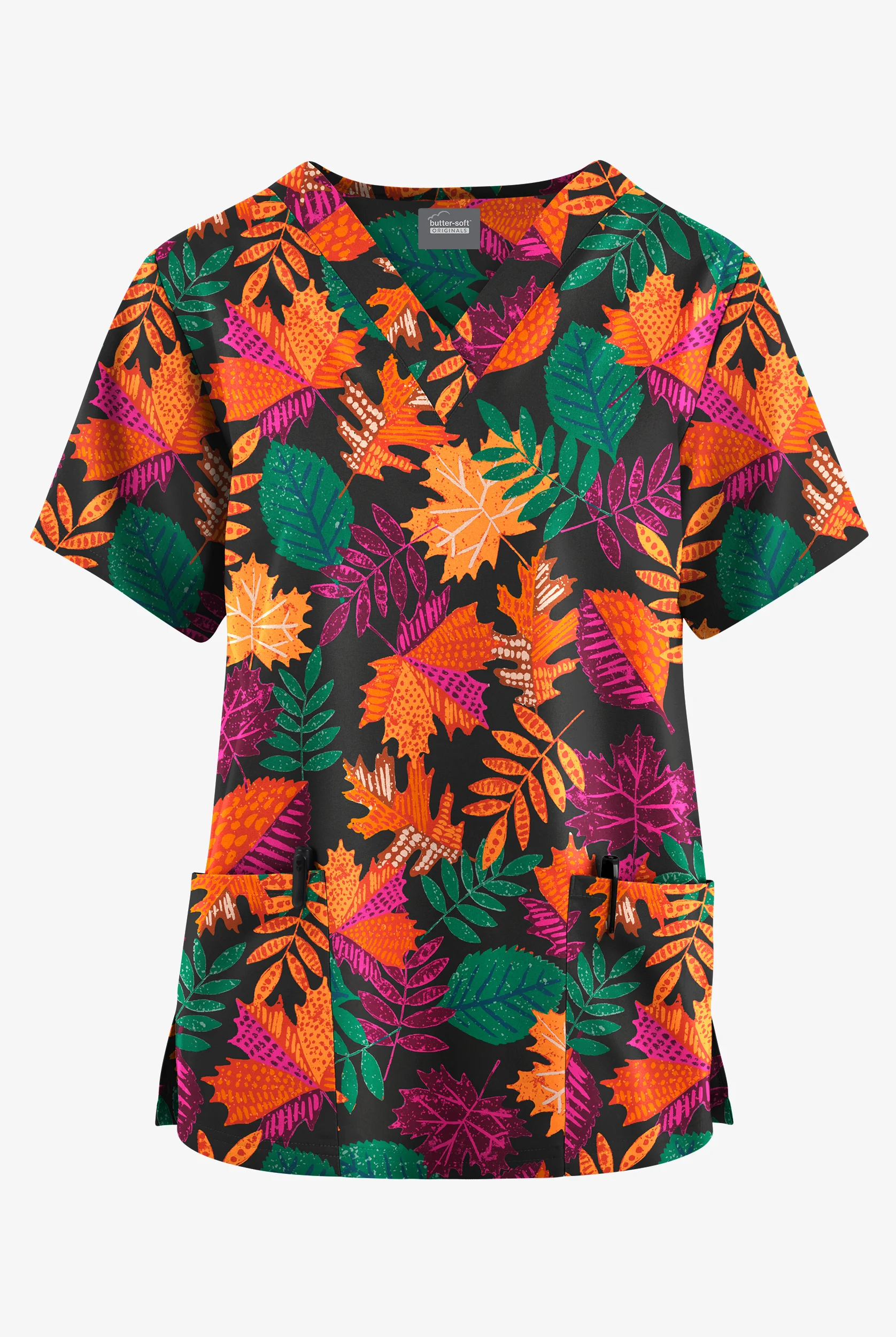 Butter-Soft Originals Black Autumn In Maine Women's 2-Pocket Classic Fit V-Neck Print Scrub Top