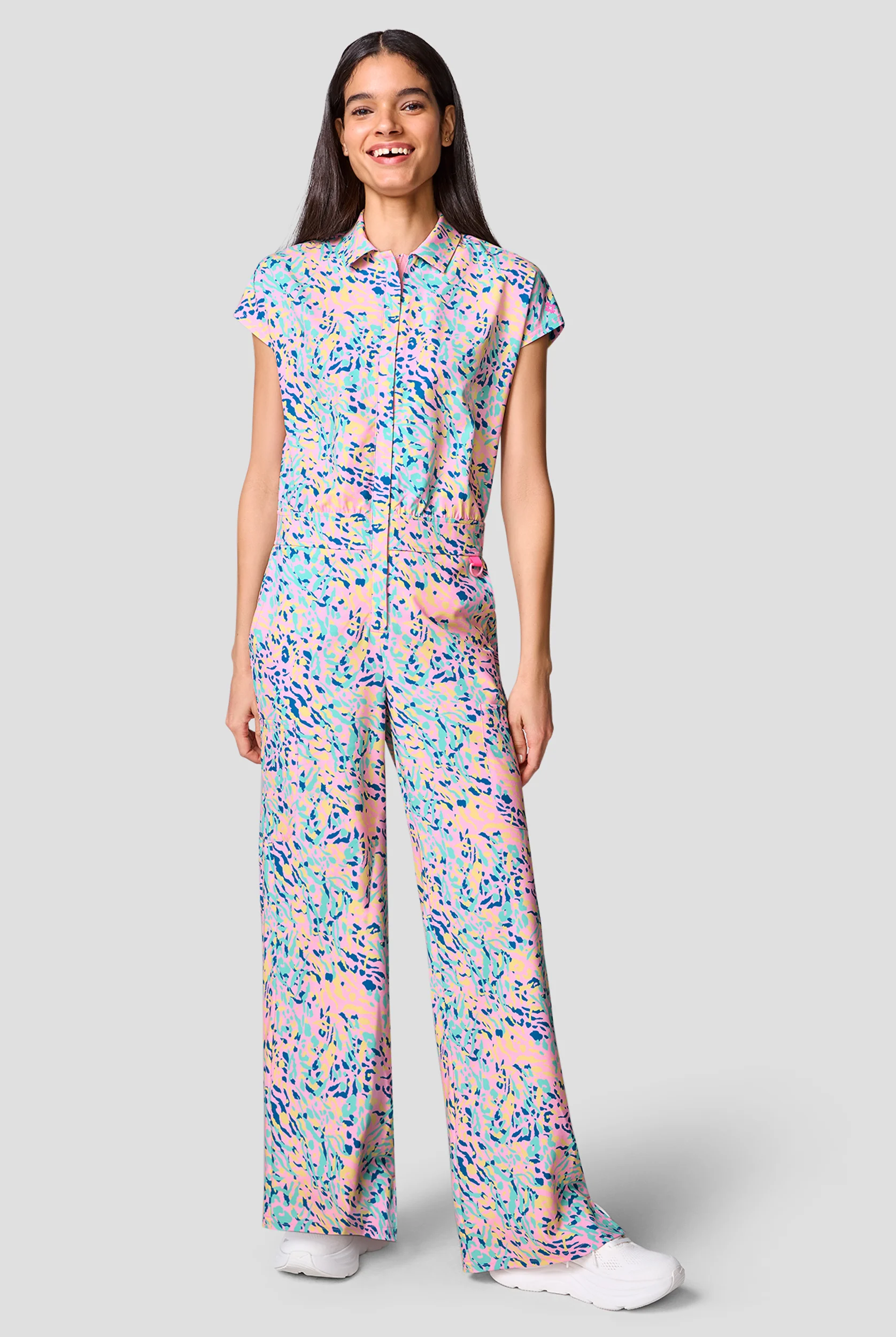Med Couture Amp Tutti Frutti Tiger Women's 4-Pocket STRETCH Wide Leg Printed Scrub Jumpsuit