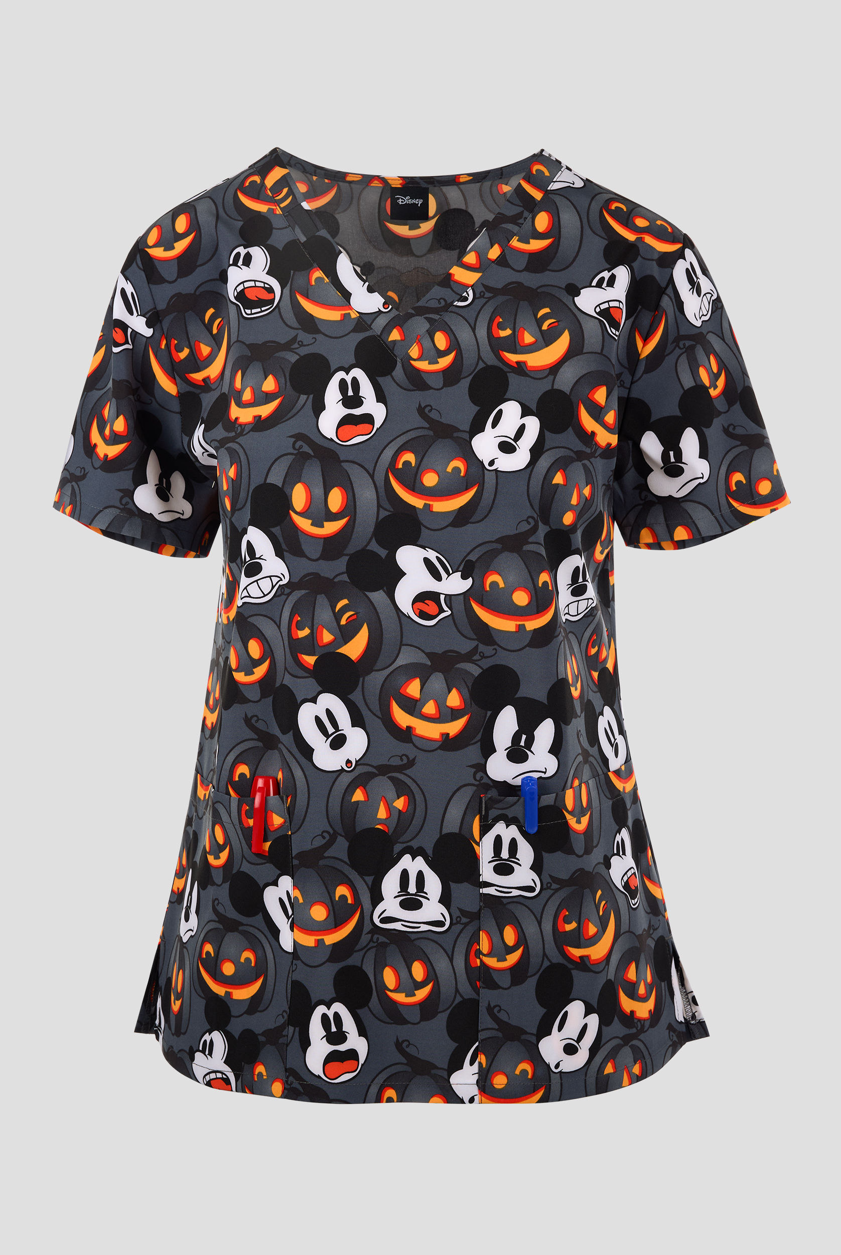 Blusa médica estampada Tooniforms Disney's Scaredy Pumpkin STRETCH con cuello en V y 2 bolsillos para mujer