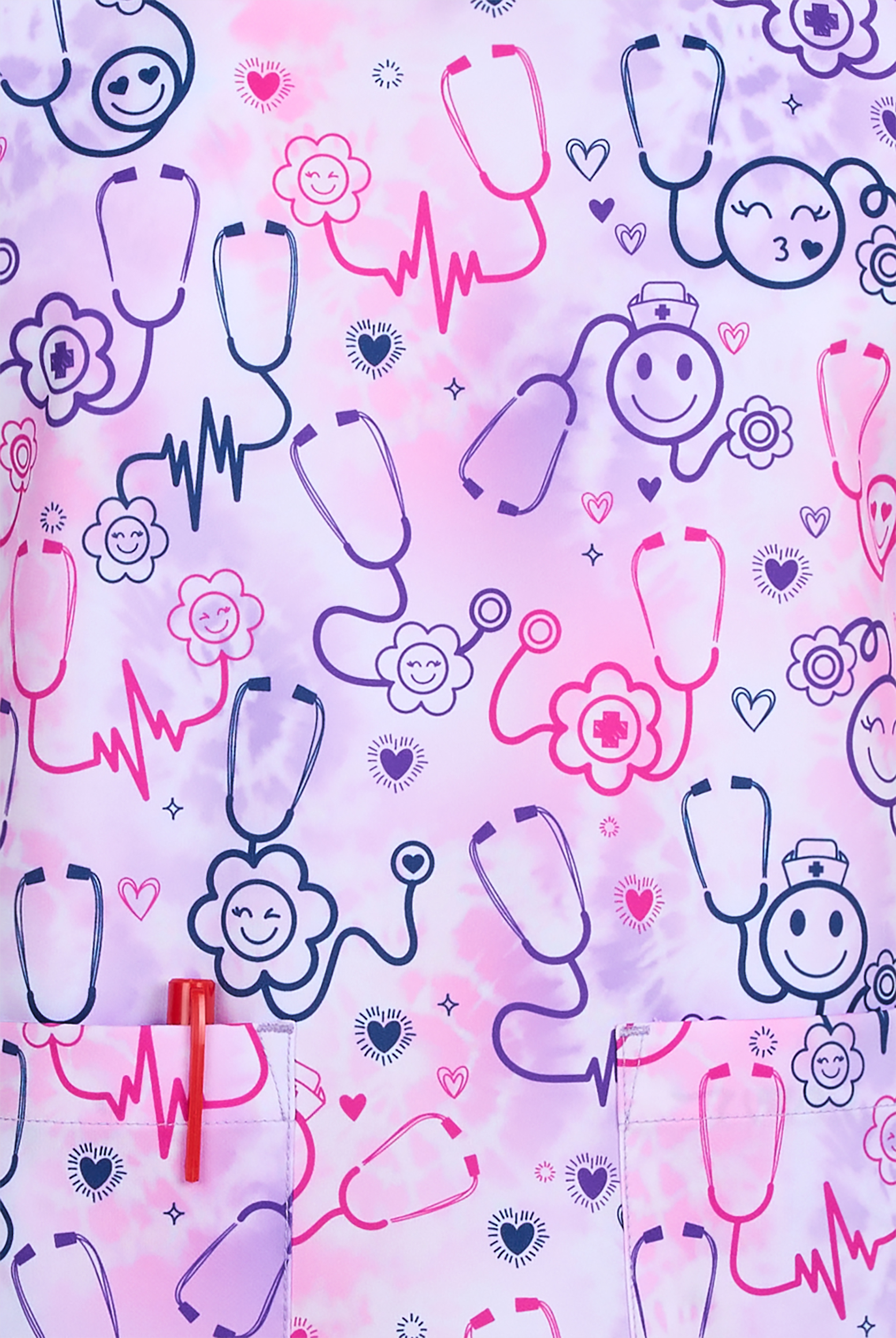 Blusa médica estampada Zavate Ava Therese Happy Stethoscopes STRETCH con cuello en V y 2 bolsillos para mujer