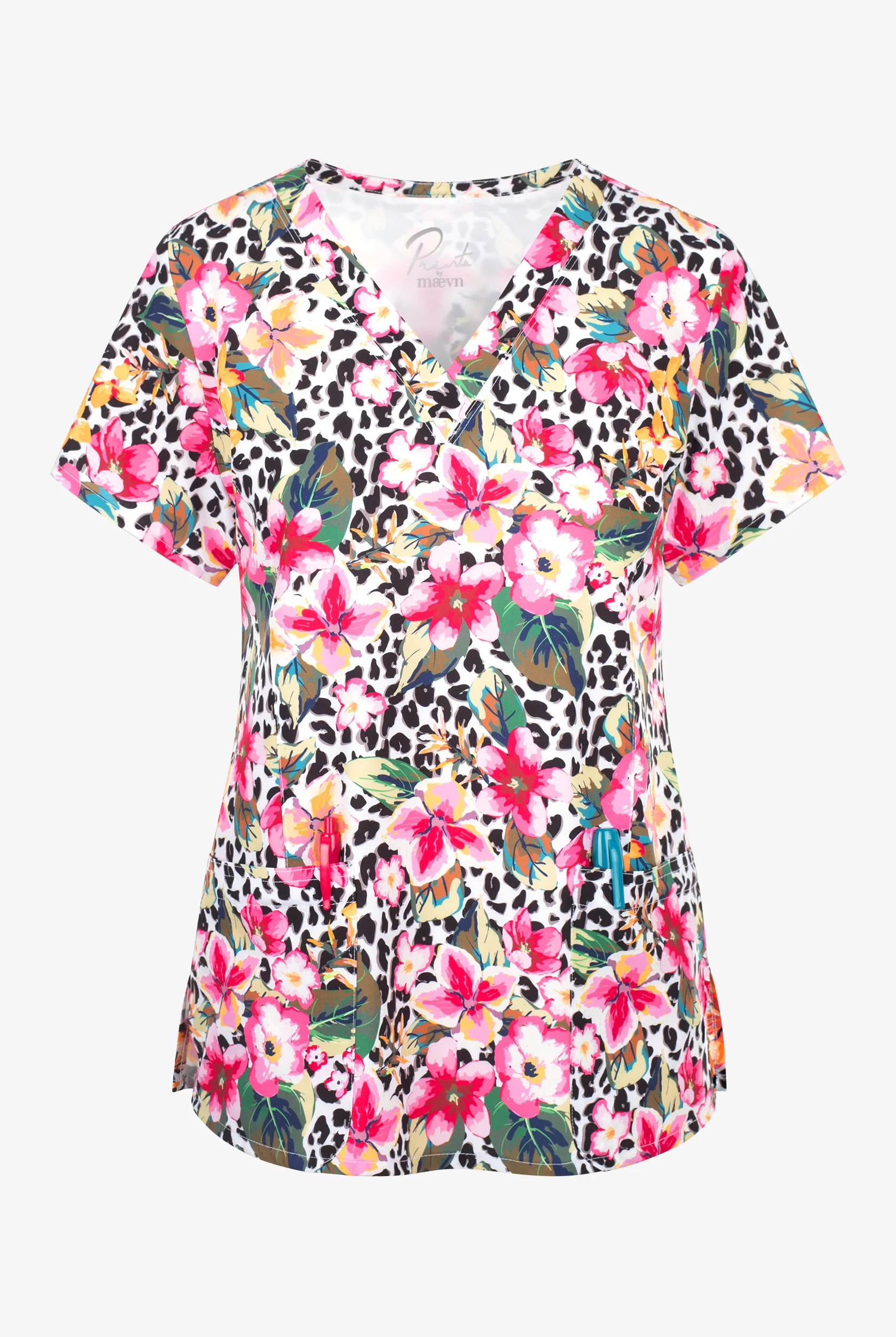 Maevn Wild Cats Floral Women's 3-Pocket STRETCH V-Neck Print Scrub Top