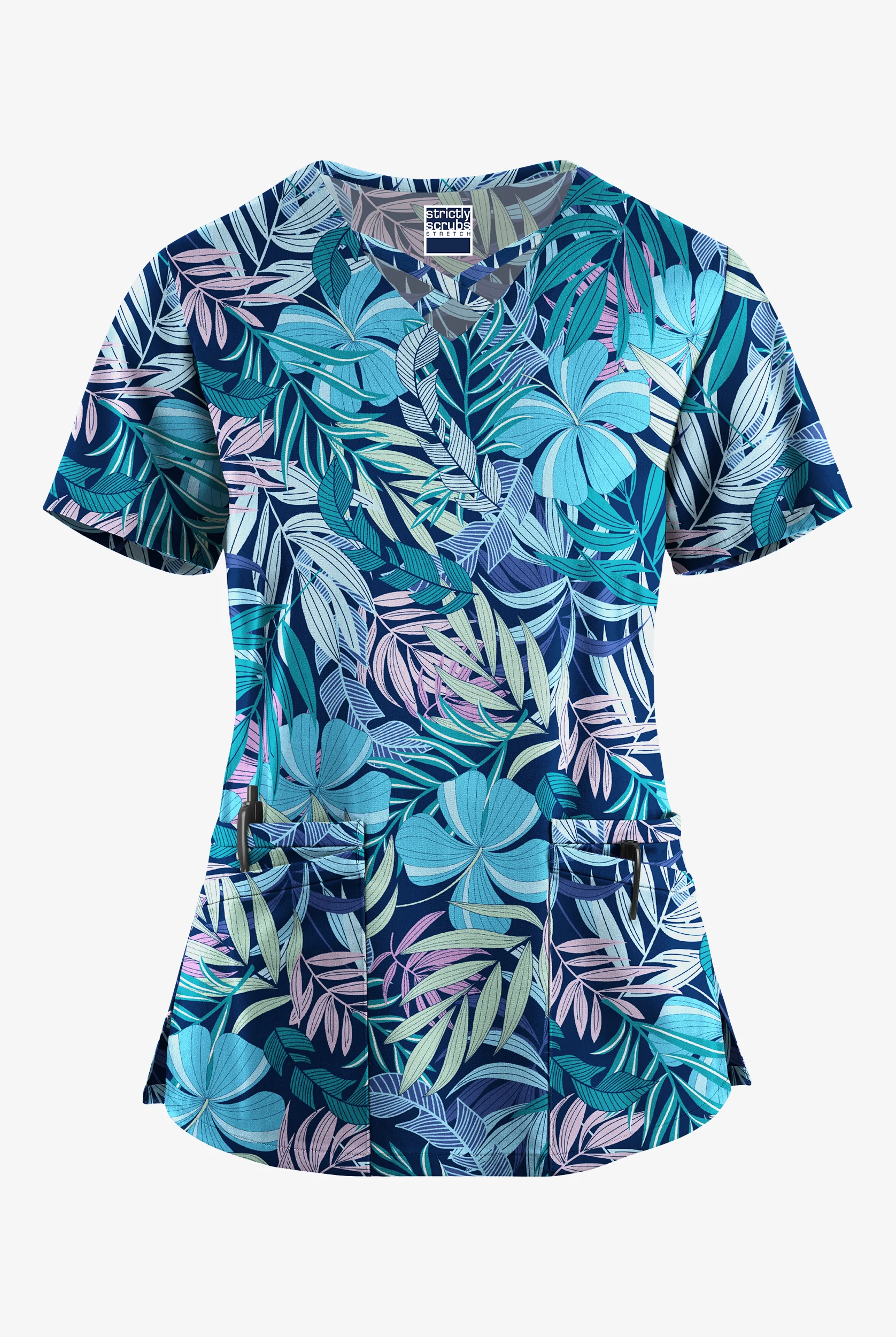 Blusa médica estampada Strictly Scrubs STRETCH Tropical Mix Navy con cuello entrecruzado y 4 bolsillos para mujer