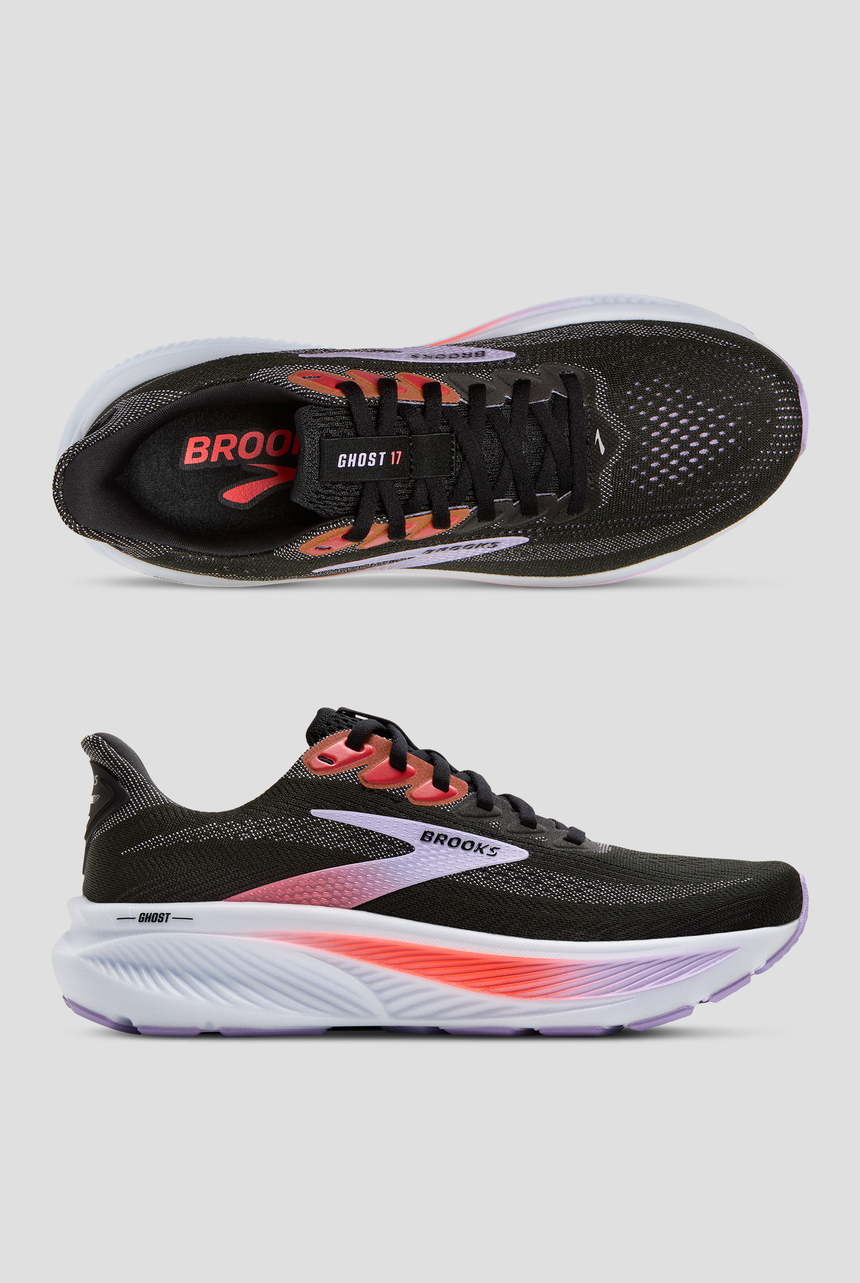 Brooks Women's Ghost 17 Black/Purple/Coral Athletic Lace Up Nursing Shoes