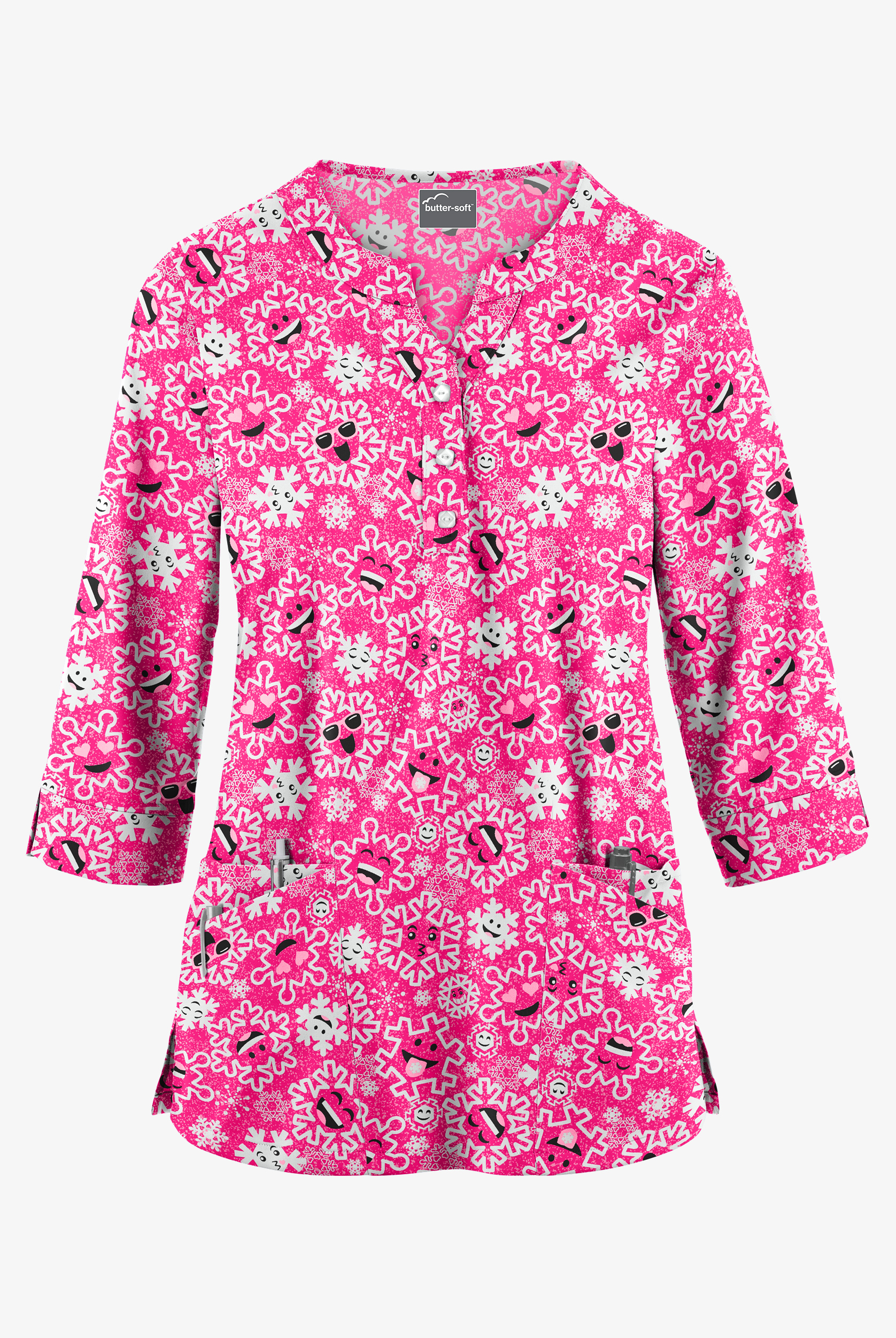 Butter-Soft Smiling Snowflakes Fuchsia Women's 2-Pocket Round Neckline Print Scrub Top